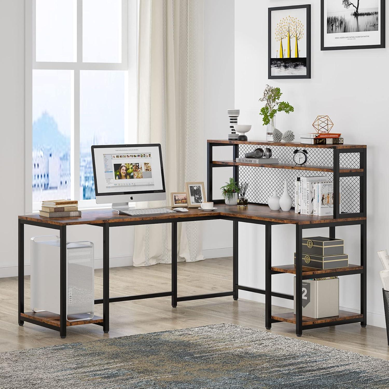 Rustic Brown L-Shaped Wood Corner Desk with Hutch