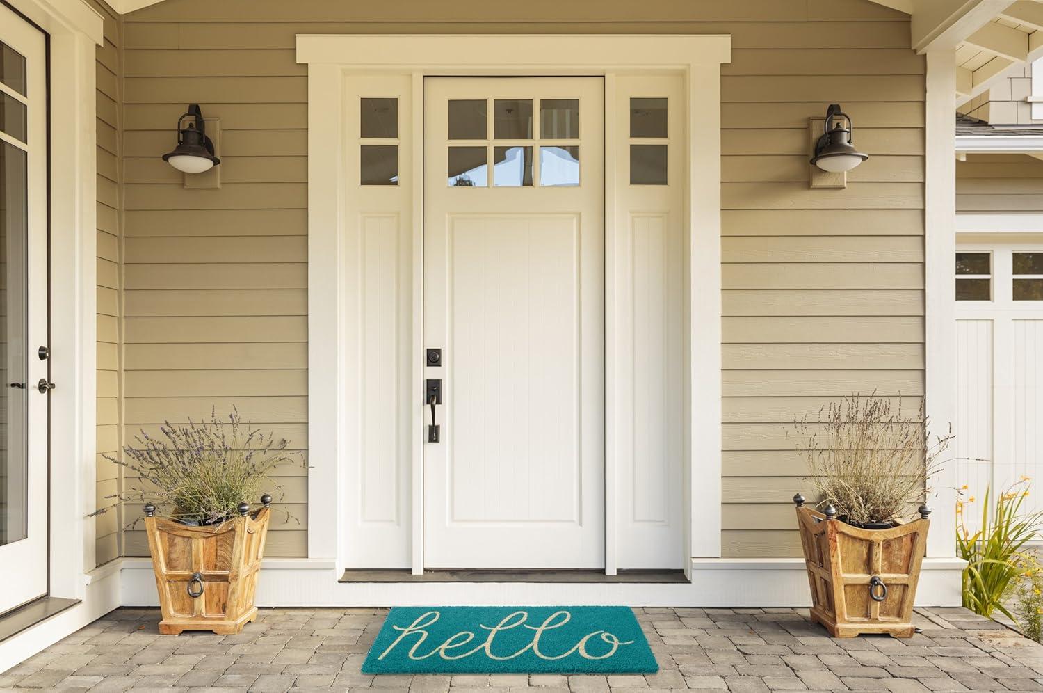 DII Hello Coir Fiber Doormat Non-Slip Durable Outdoor/Indoor, Pet Friendly, 17x29", Storm Blue
