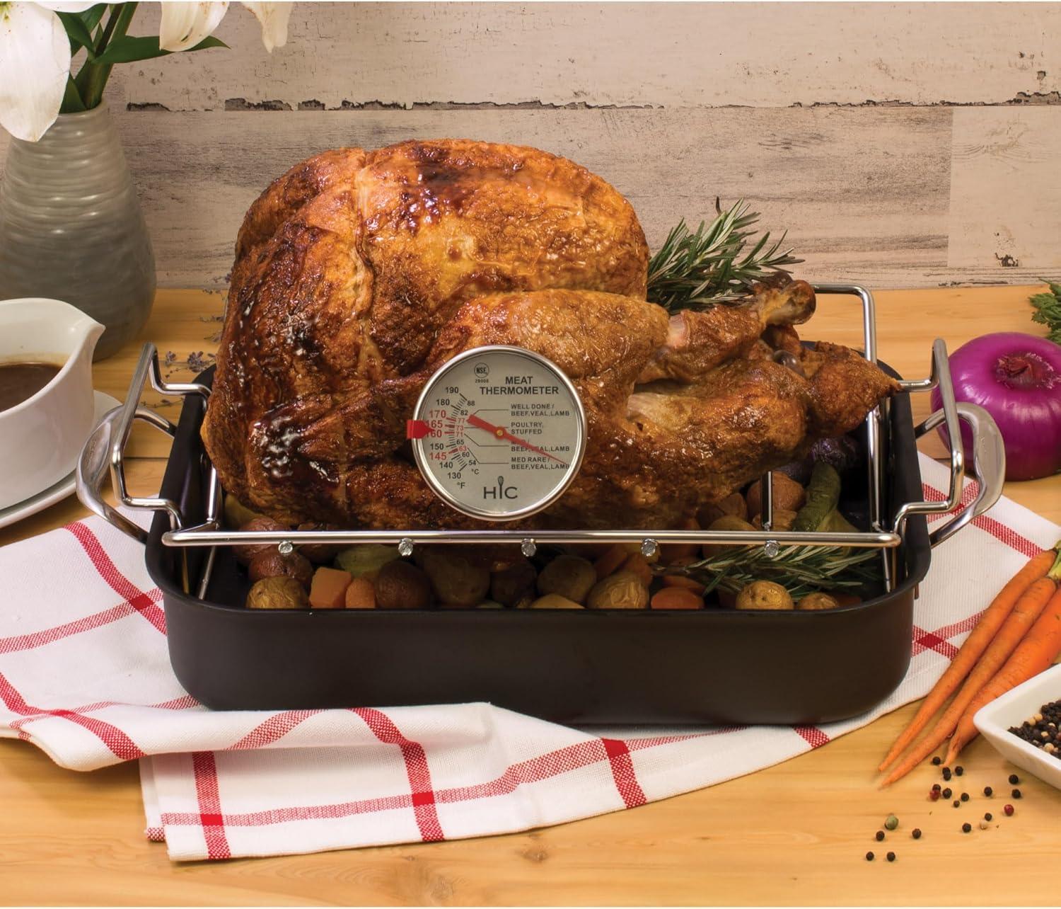 HIC Roasting Meat Thermometer, Oven Safe, Large 3-Inch Easy-Read Face, Stainless Steel Stem and Housing