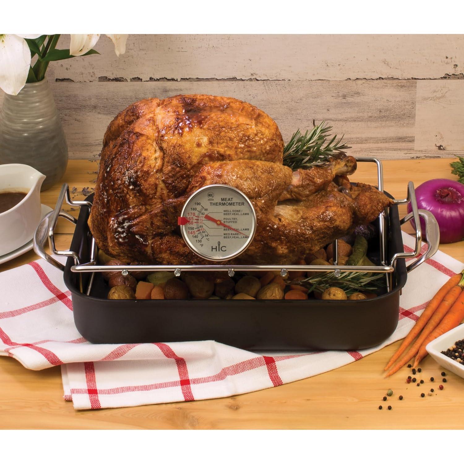 HIC Roasting Meat Thermometer, Oven Safe, Large 3-Inch Easy-Read Face, Stainless Steel Stem and Housing