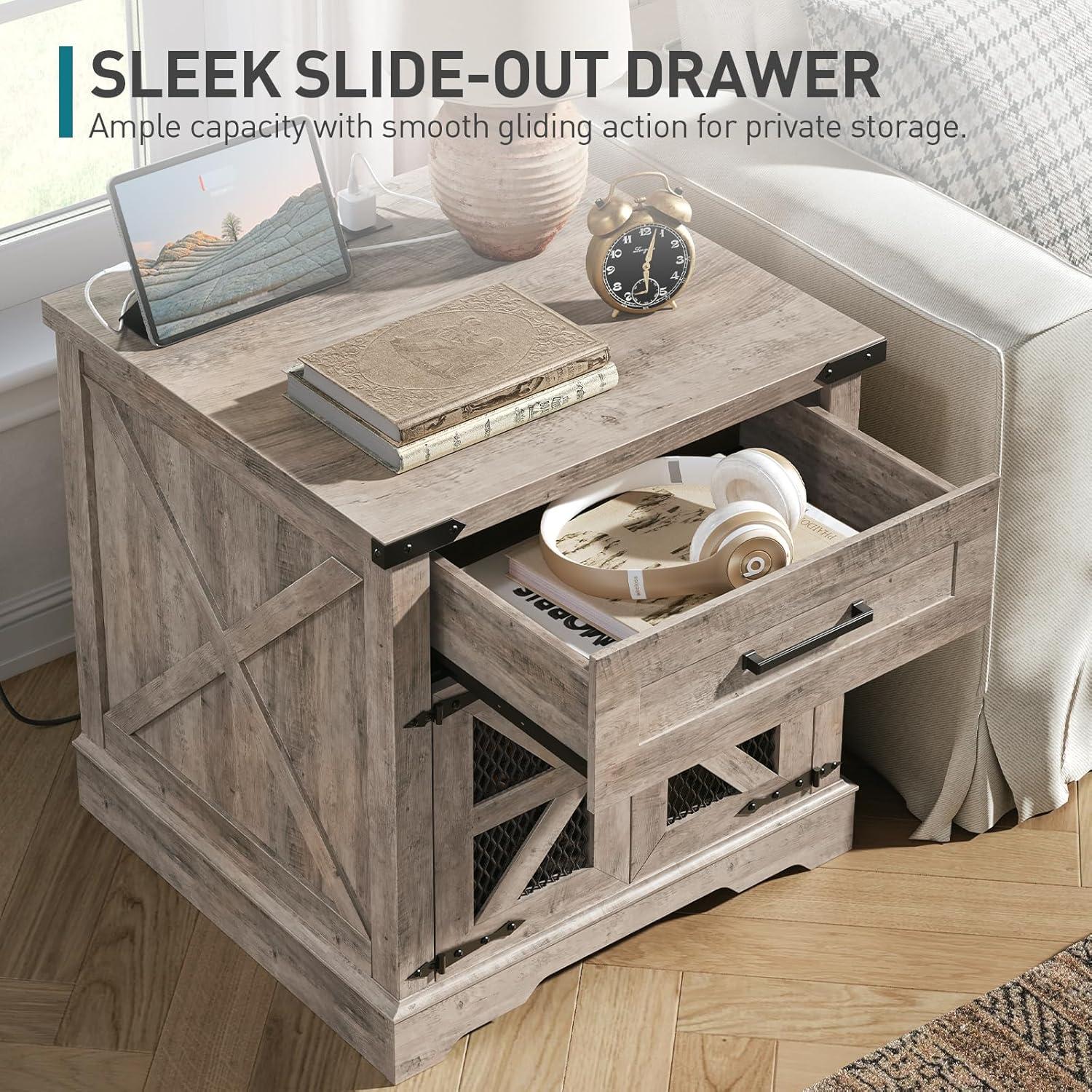 Rustic Gray Wood Farmhouse End Table with Charging Station