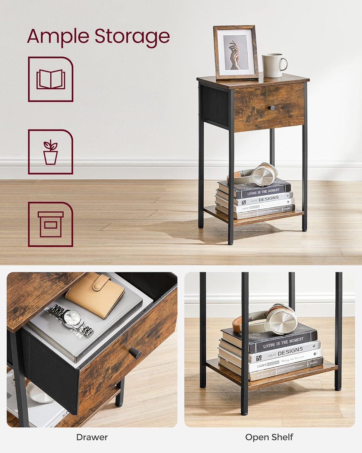 Rustic Brown and Black Metal Frame Nightstand with Drawer