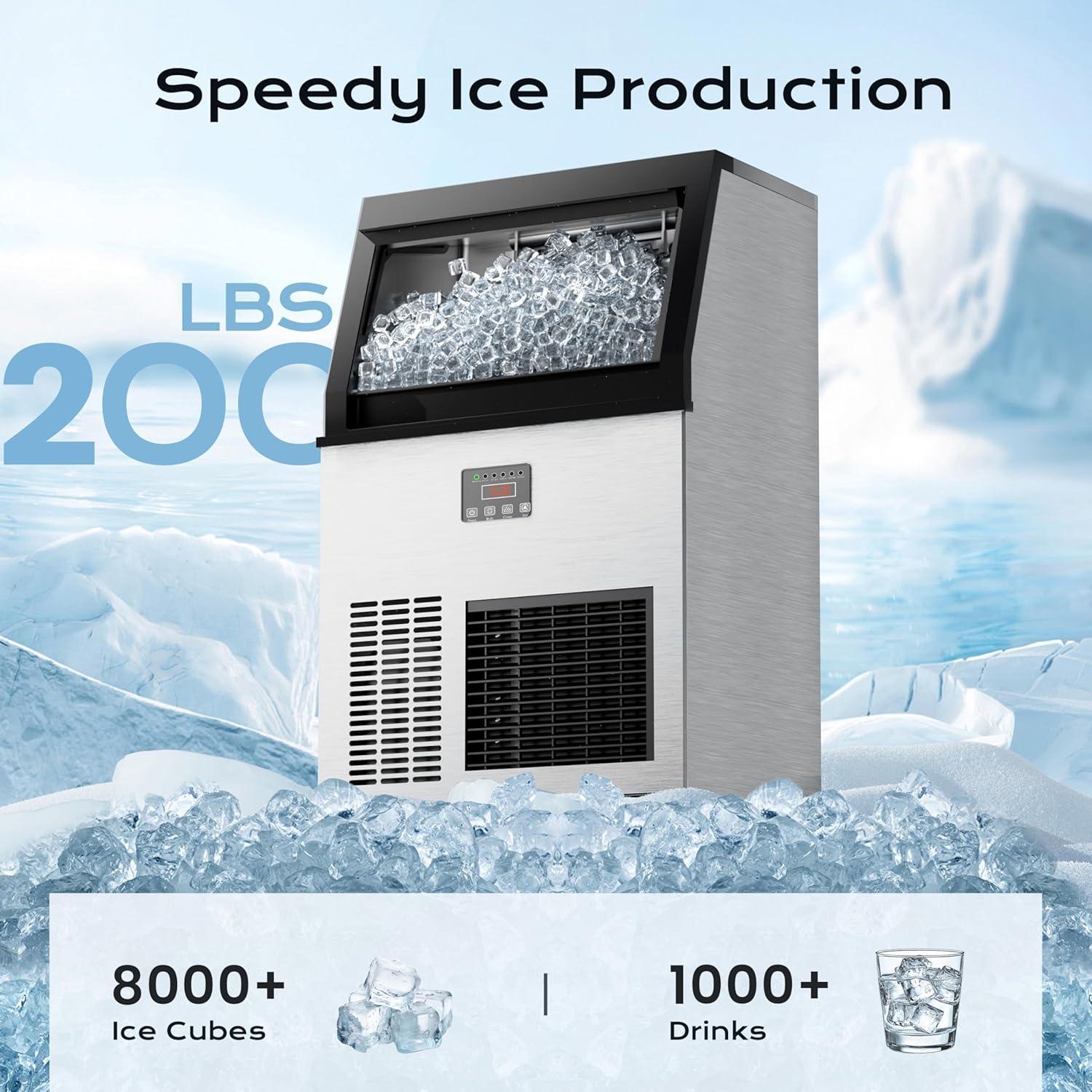 Coolake Coolake Commercial Ice Maker Machine 200lbs/24h, Air Cooled Under Counter Ice Maker With 50lbs Ice Storage, Stainless Steel Self Cleaning Freestanding Ice Maker For Home Bar Restaurant Kitchen