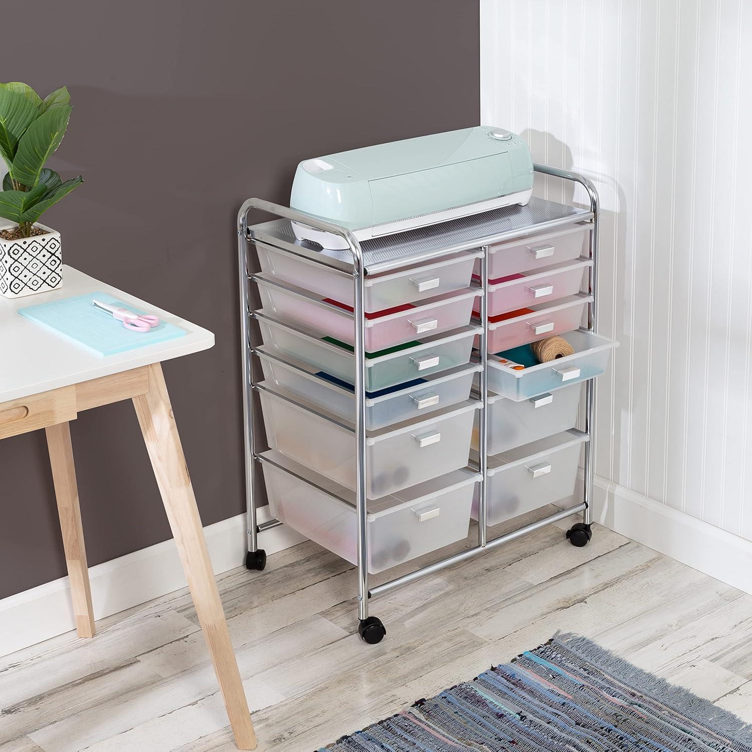 Modern Chrome 12-Drawer Craft Storage Cart with Locking Wheels