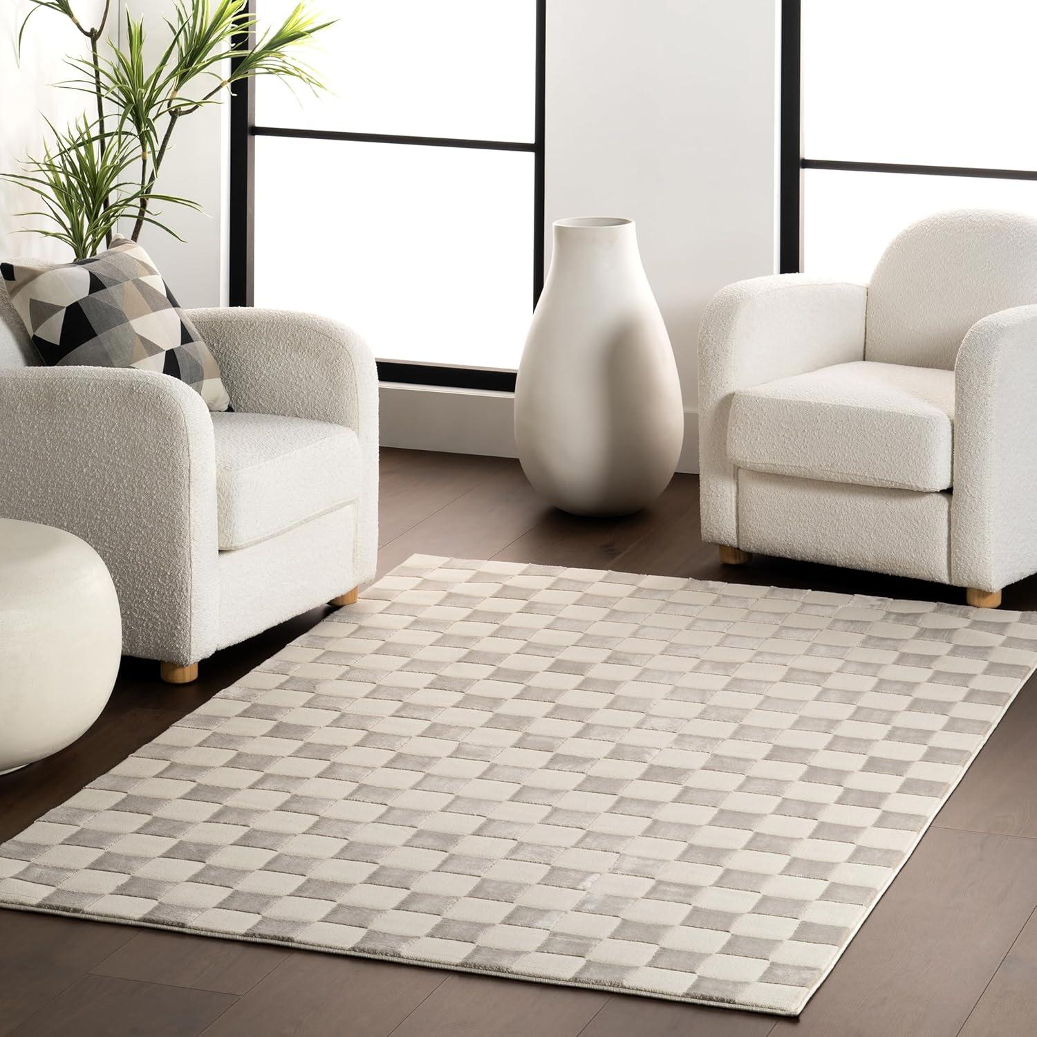 Cream and Gray Checkered Machine Washable Synthetic Area Rug, 3' x 5'