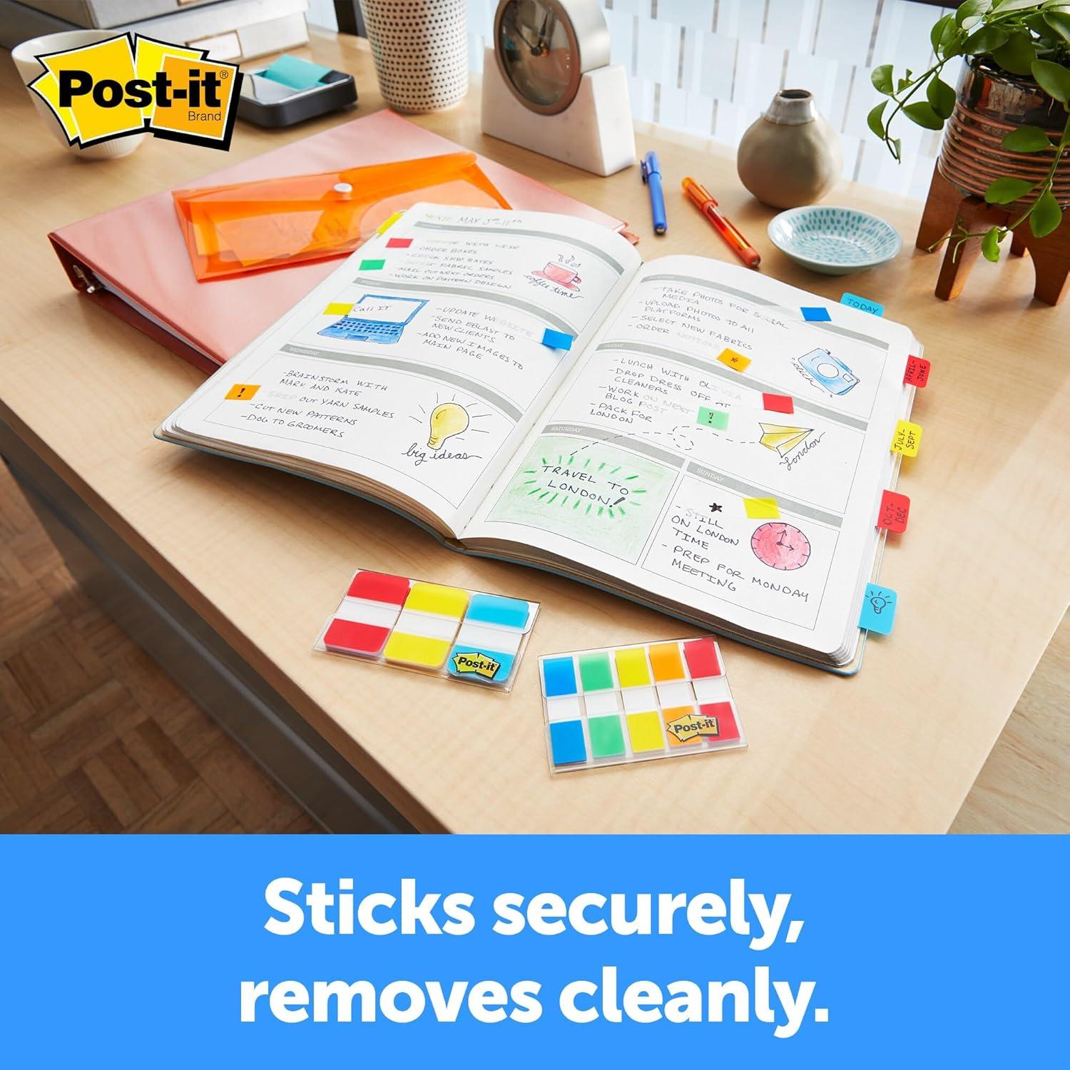 Post-it Tabs, .625", Aqua, Lime, Yellow, Red, 10/Color, 40/Dispenser