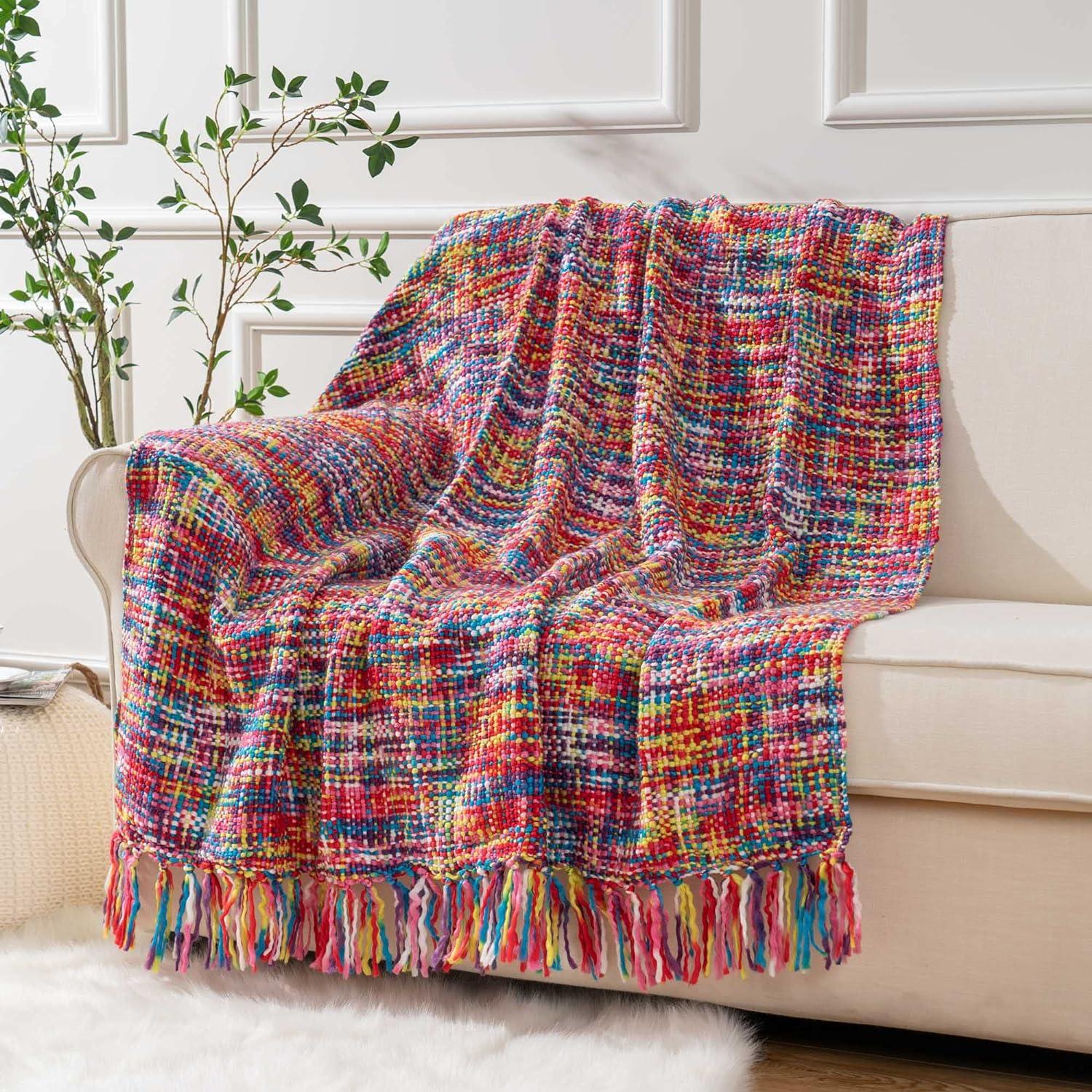 Brick Red Knitted Acrylic Throw Blanket with Fringes, 50"x60"