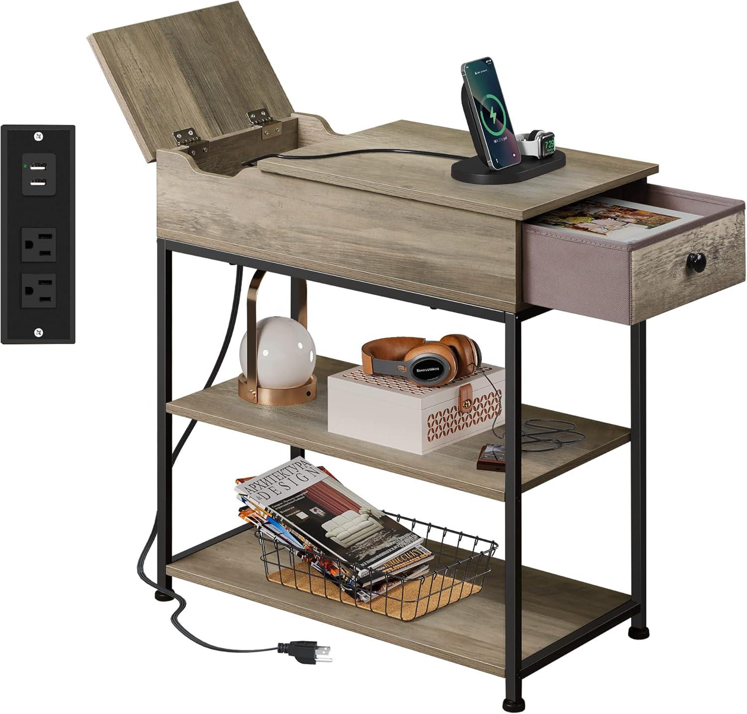 Greige Wood Narrow Side Table with USB Ports and Storage