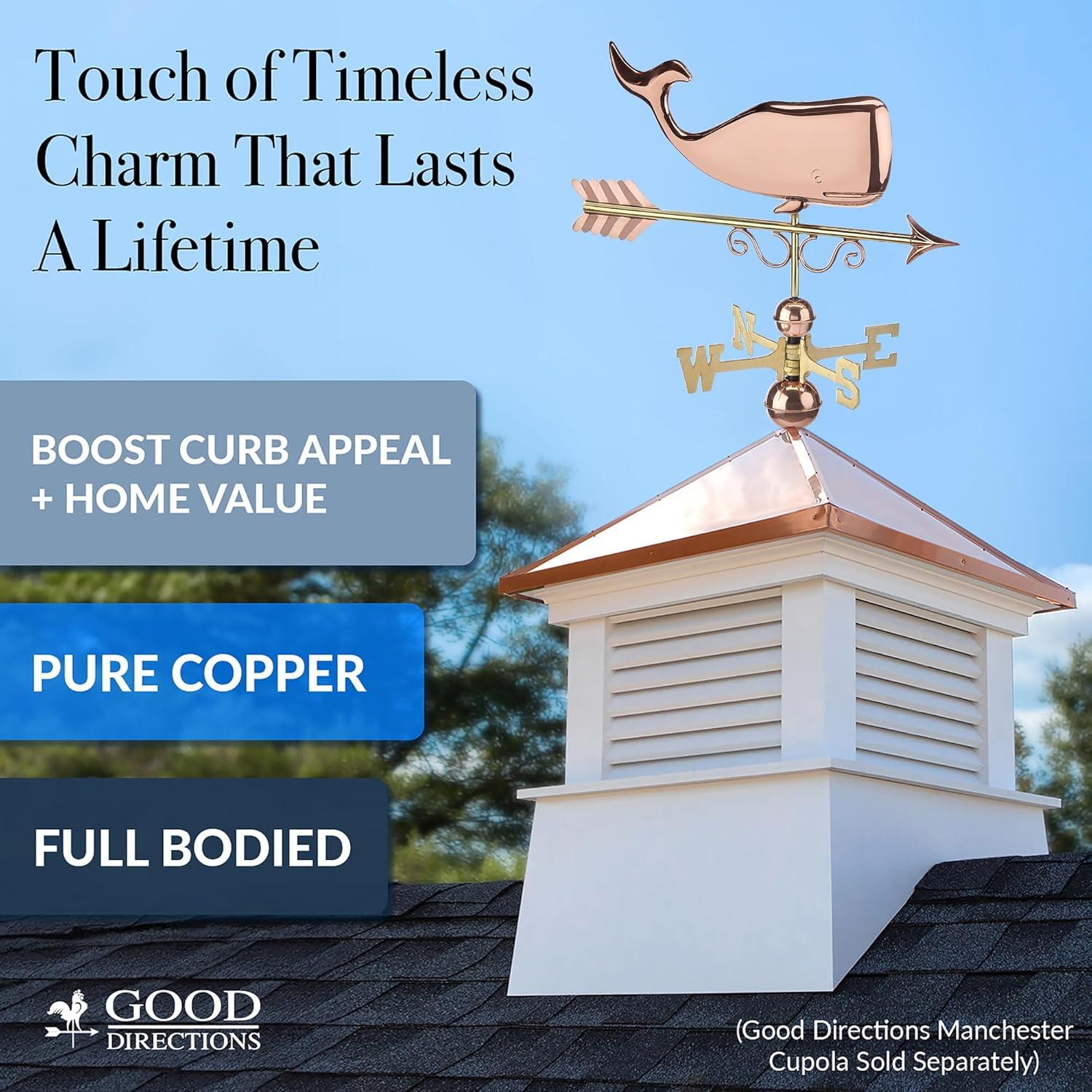 Save the Whales Pure Copper Weathervane- Good Directions: Outdoor Decorative Sculpture, 40" Max Height