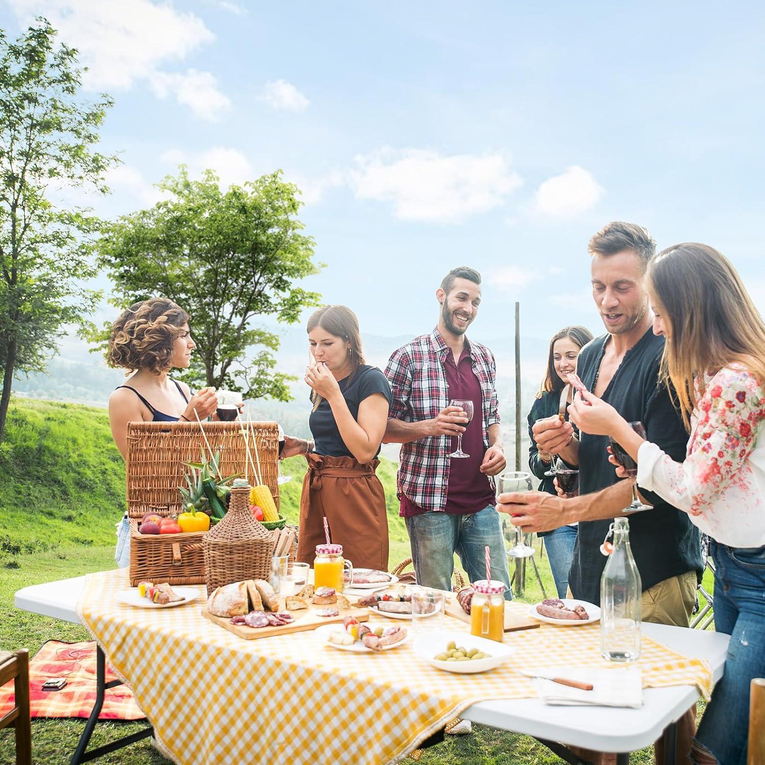 6' Folding Table, Camping Table with Large Plastic Tabletop, Dining Table with Carrying Handle and Steel Legs, White