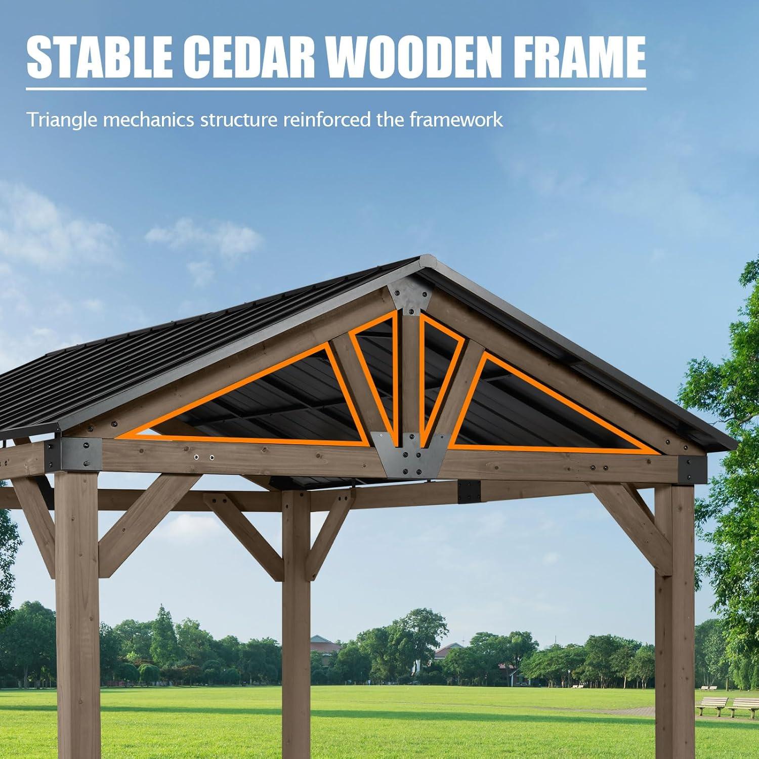 Aoodor 10 x 12 ft Light Grey Cedar Wood Gazebo with Galvanized Steel Roof