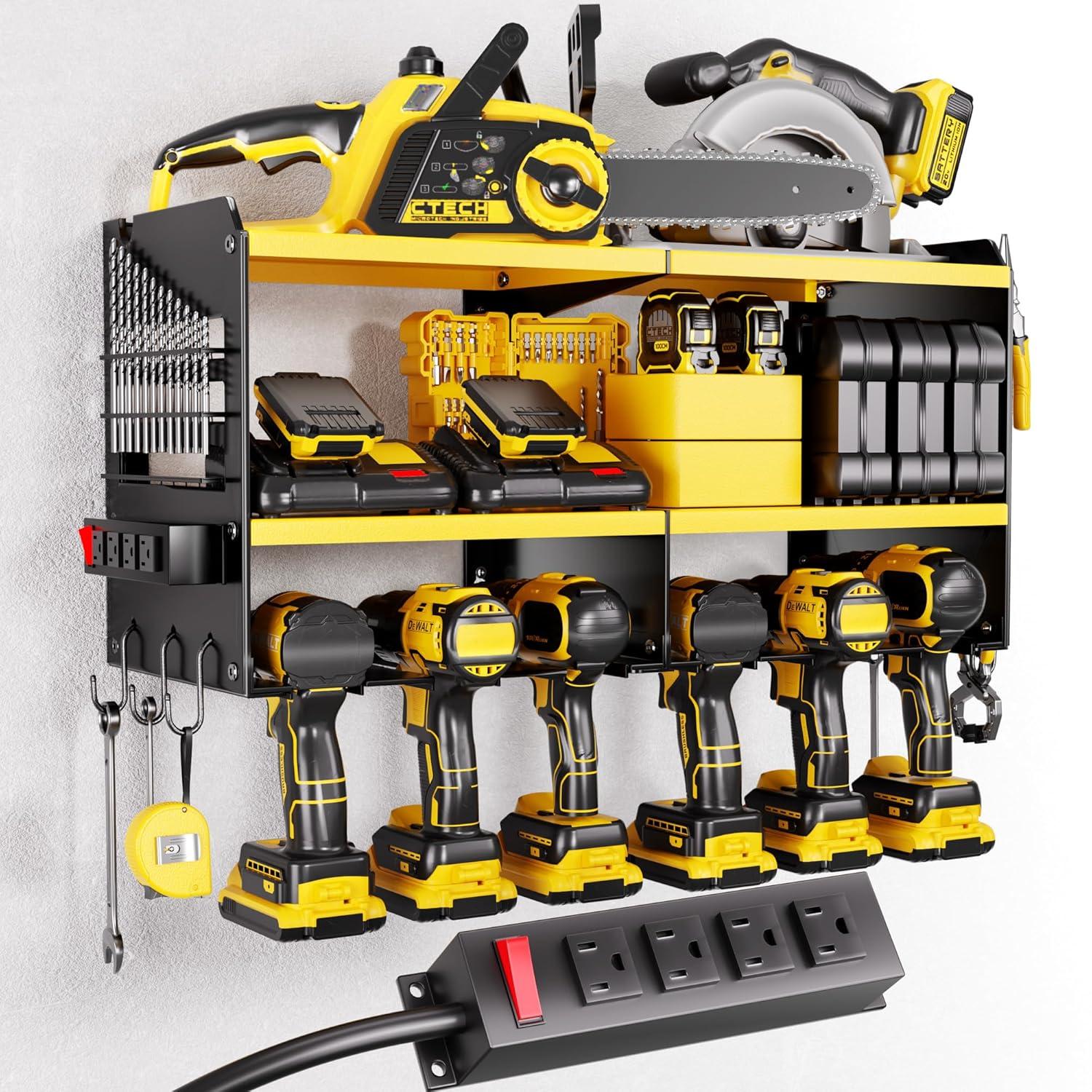 Spampur Power Tool Organizer Wall Mount with Charging Station, Garage Tool Shelf 6 Drill Holders, Tool Battery Holder with Plier holder Heavy Duty Rack, Tool Storage Rack with 4 Outlet Power Strip