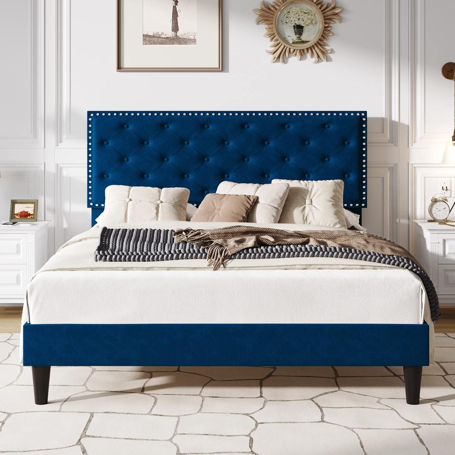 Full Size Blue Velvet Upholstered Bed Frame with Tufted Headboard