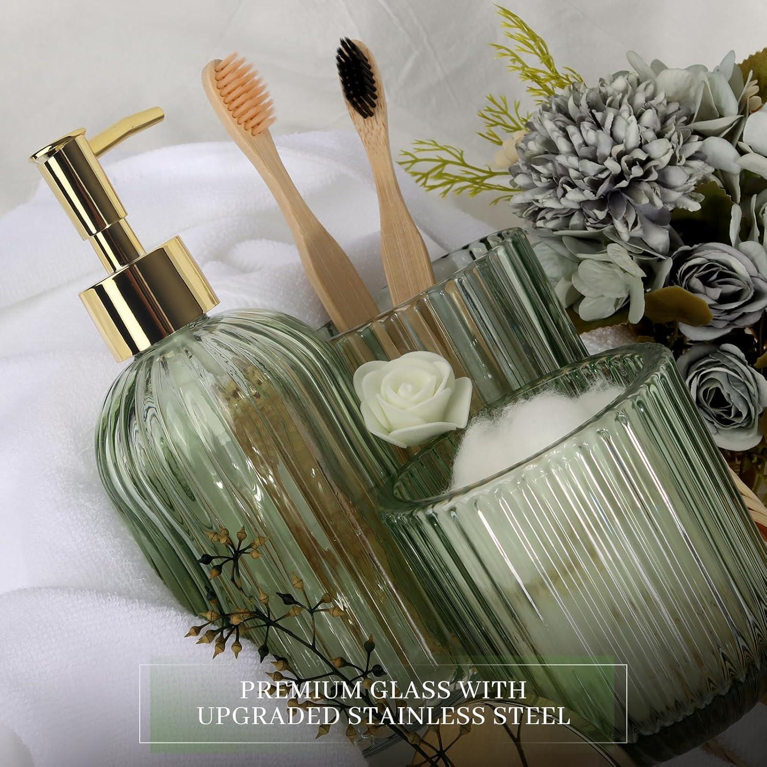 Green Glass Bathroom Accessories Set with Gold Accents, 4 Pieces