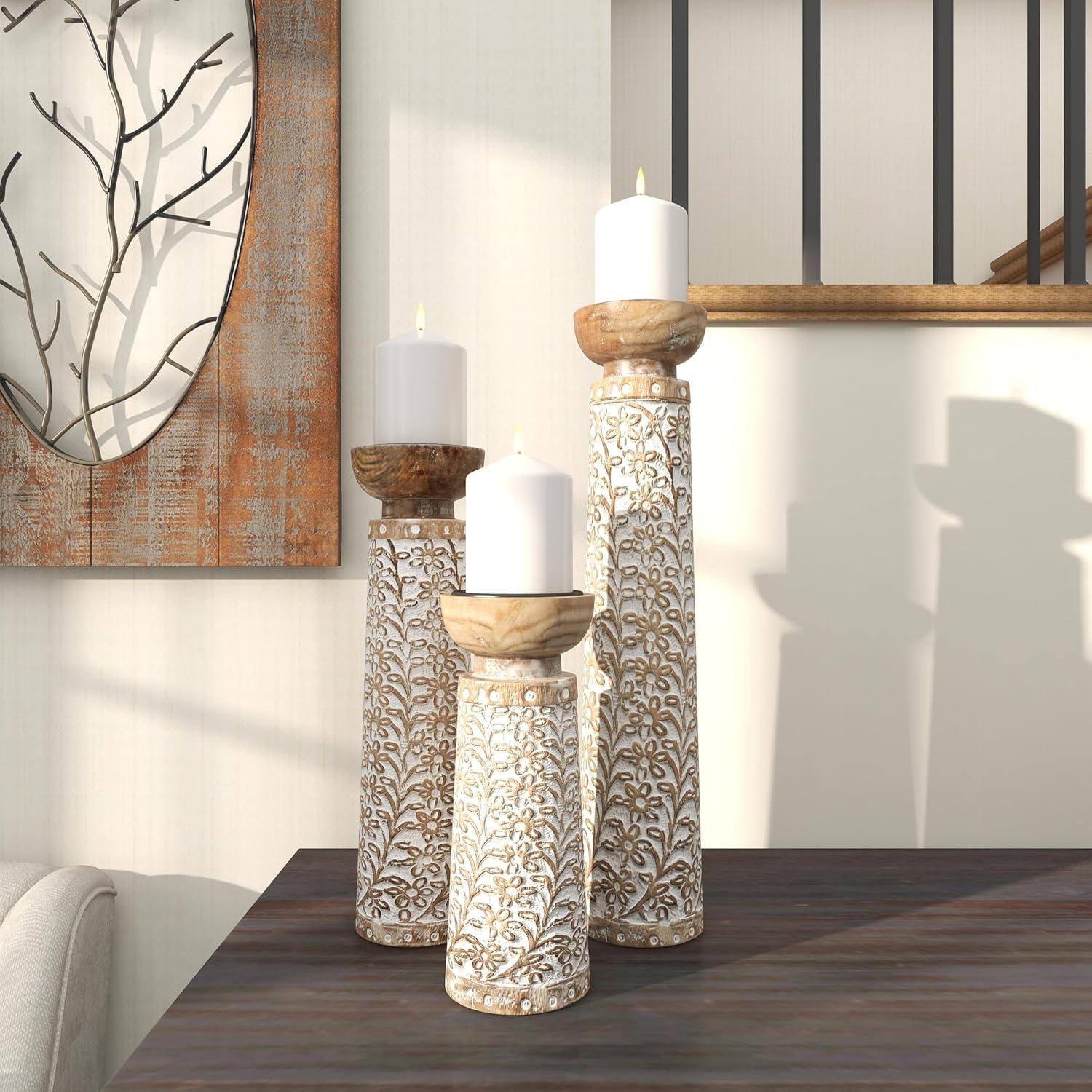 Gracie Oaks Mango Wood Floral Handmade Decorative Candle Holder Carved Pillar Candle Stand With Cream Accents, Set Of 3 Candlestick Holder 6", 8", 10"H, Brown
