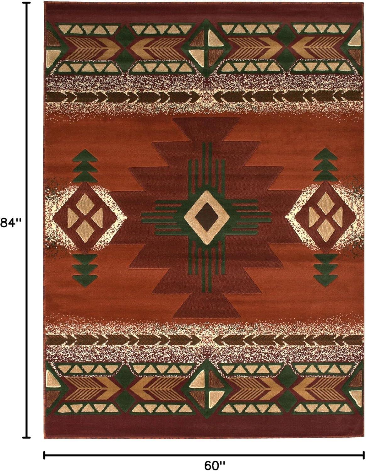 Rust and Green Geometric Synthetic 5' x 7' Area Rug