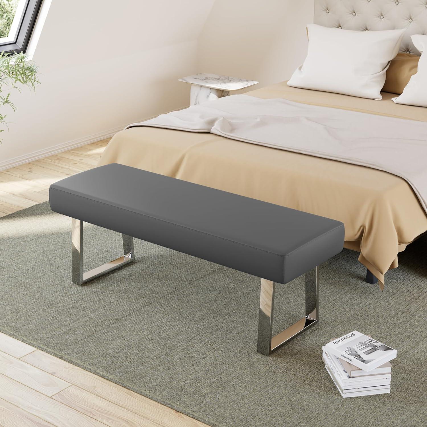 Gray Faux Leather Bedroom Bench with Chrome Metal Legs