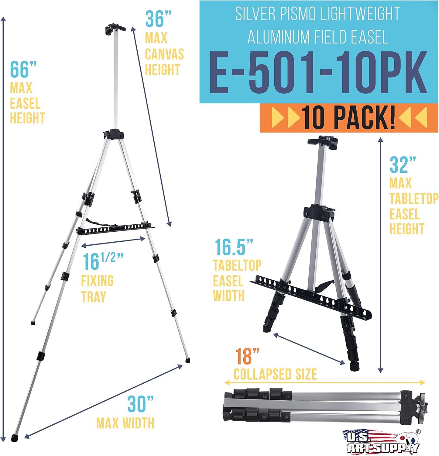 U.S. Art Supply 66" Silver Aluminum Tripod Artist Field Display Easel Stand (Pack of 10) - Adjustable Floor and Tabletop