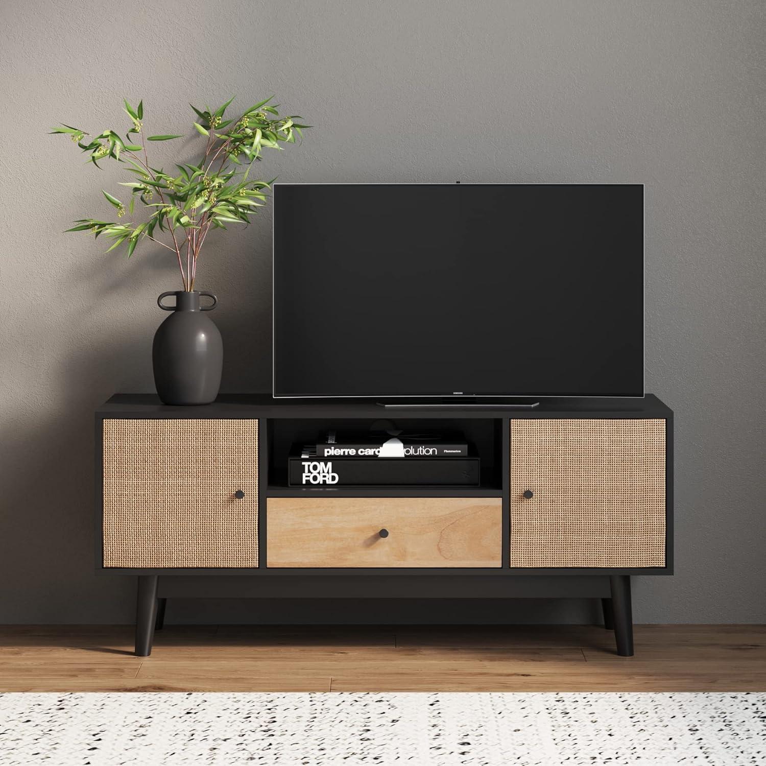 43" Bonnie Rattan and Wood 2 Door TV Cabinet for TVs up to 59" Matte Black/Light Mango Wood - Nathan James