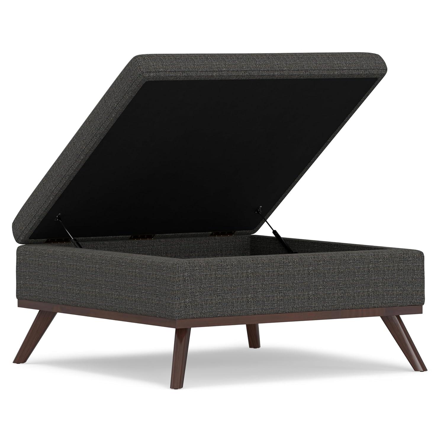 Simpli Home Owen 36"W Upholstered Square Coffee Table Storage Ottoman with Lift Top and Solid Wood Legs