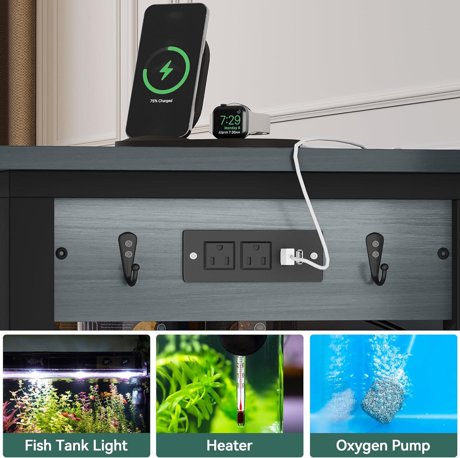 iSunirm 55-75 Gallon Aquarium Stand with Shelf, Fish Tank Stand with Power Outlets and LED Lights, Heavy Duty Reversible Aquarium Stand with Cabinet, for Fishes and Reptiles, 49.2"L*18.9"W, Black Oak
