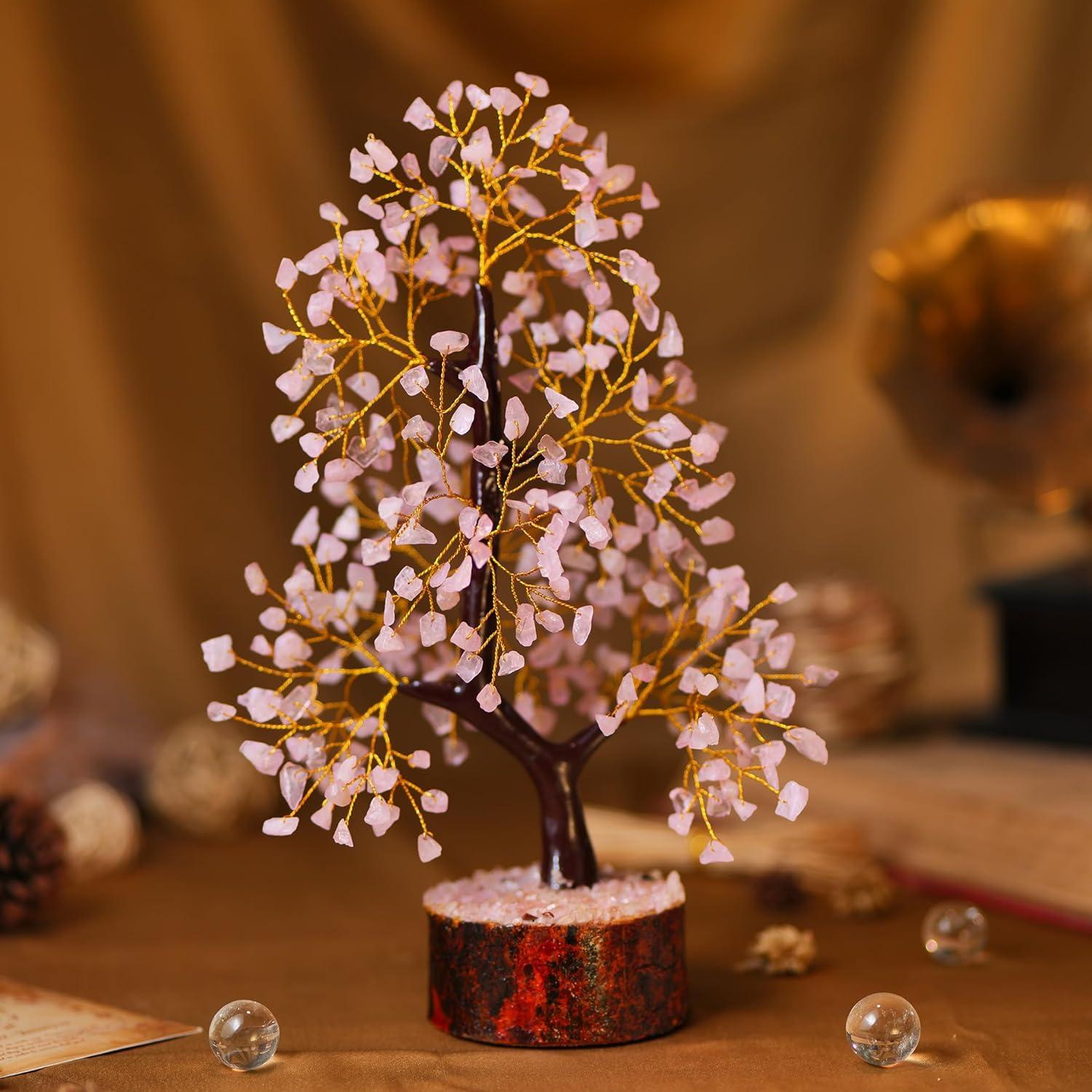 Rose Quartz Gemstone Tree - Crystal for Positive Energy, Handmade Chakra Tree, Feng Shui Figurine Money Bonsai, Good Luck Reiki Healing Crystals, Decoration Ornament Sculpture Prosperity Gift