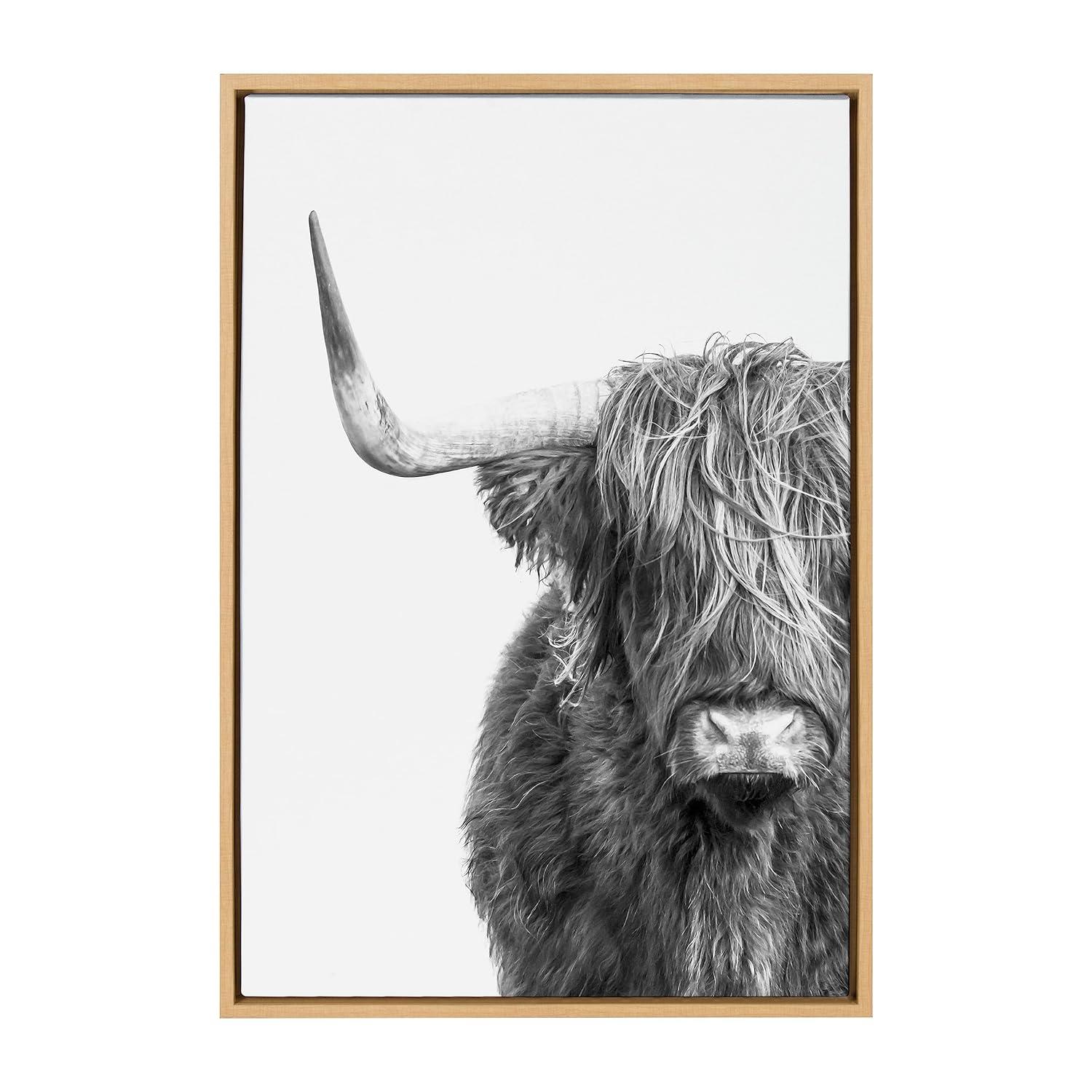 Kate and Laurel Sylvie B&W Highland Cow No. 1 Framed Canvas Wall Art by Amy Peterson Art Studio, 23x33 Natural, Black and White Animal Portrait Art