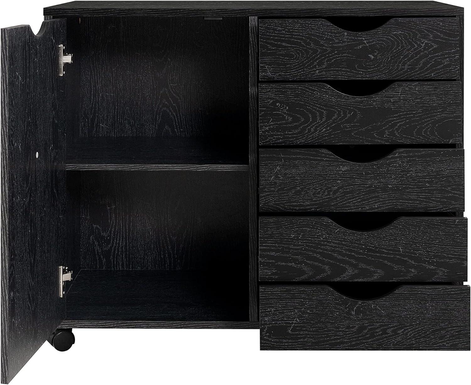 Amy 5 Drawer Chest, Wood Storage Dresser Cabinet with Wheels, Craft Storage Organizer, Makeup Drawer Unit for Closet, Bedroom Distressed Black