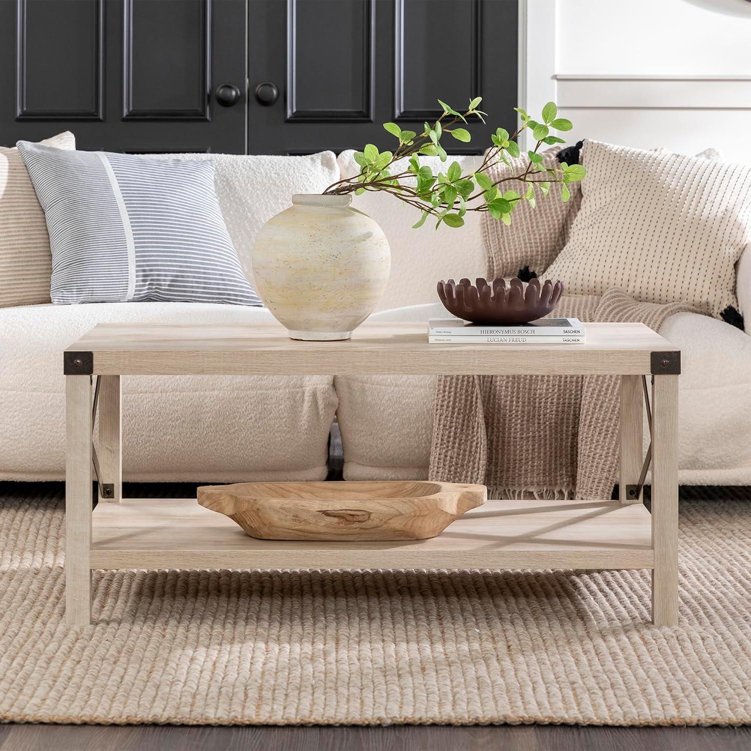 Walker Edison Rectangle Wood and Metal Coffee Table in White Oak