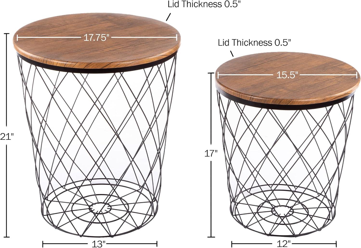 Rustic Brown and Black 24" Round Wood and Metal Nesting End Tables with Storage - Set of 2