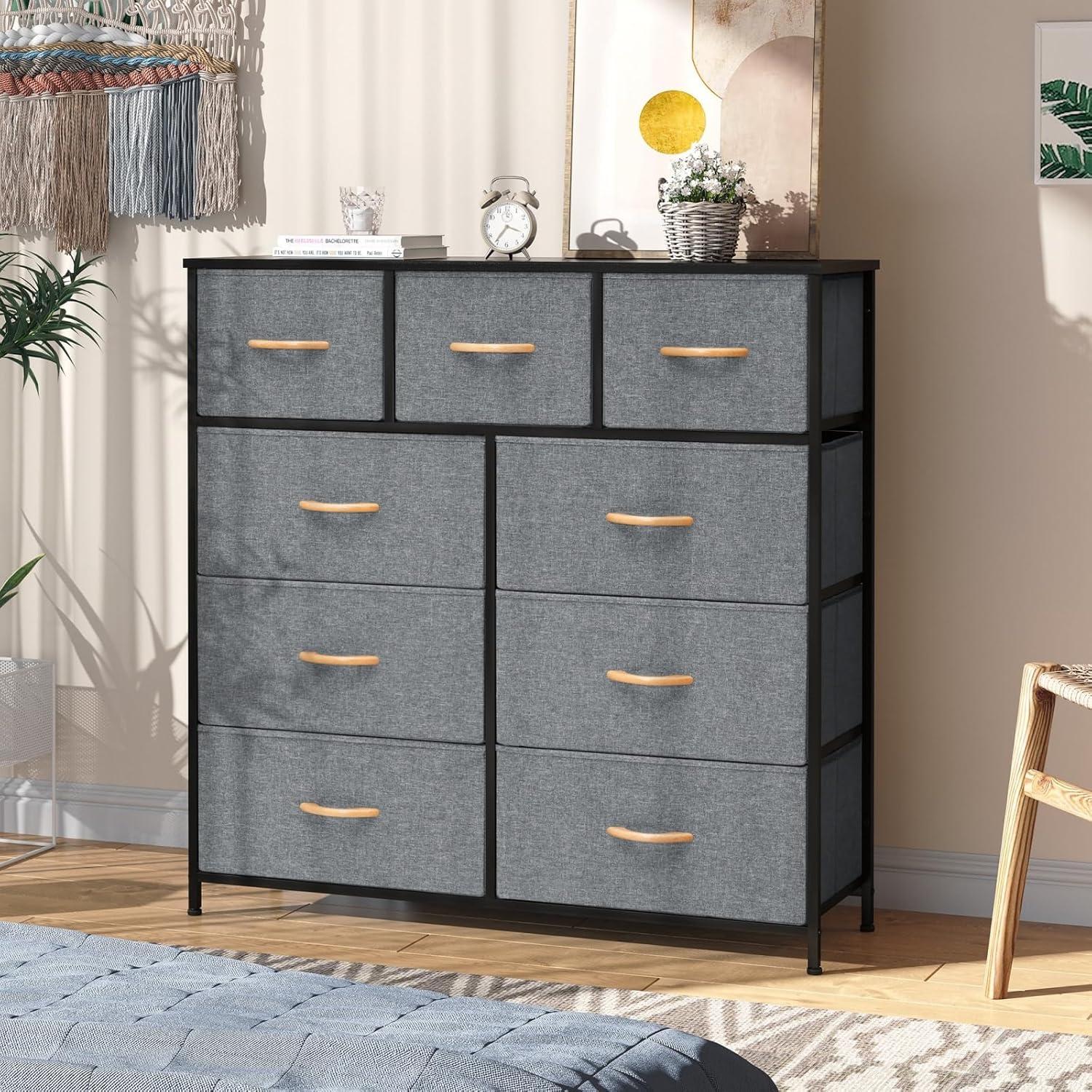 Crestlive Products Home Extra Wide Closet Dresser Storage Tower Organizer Unit 9 Drawers Grey Dark Wood