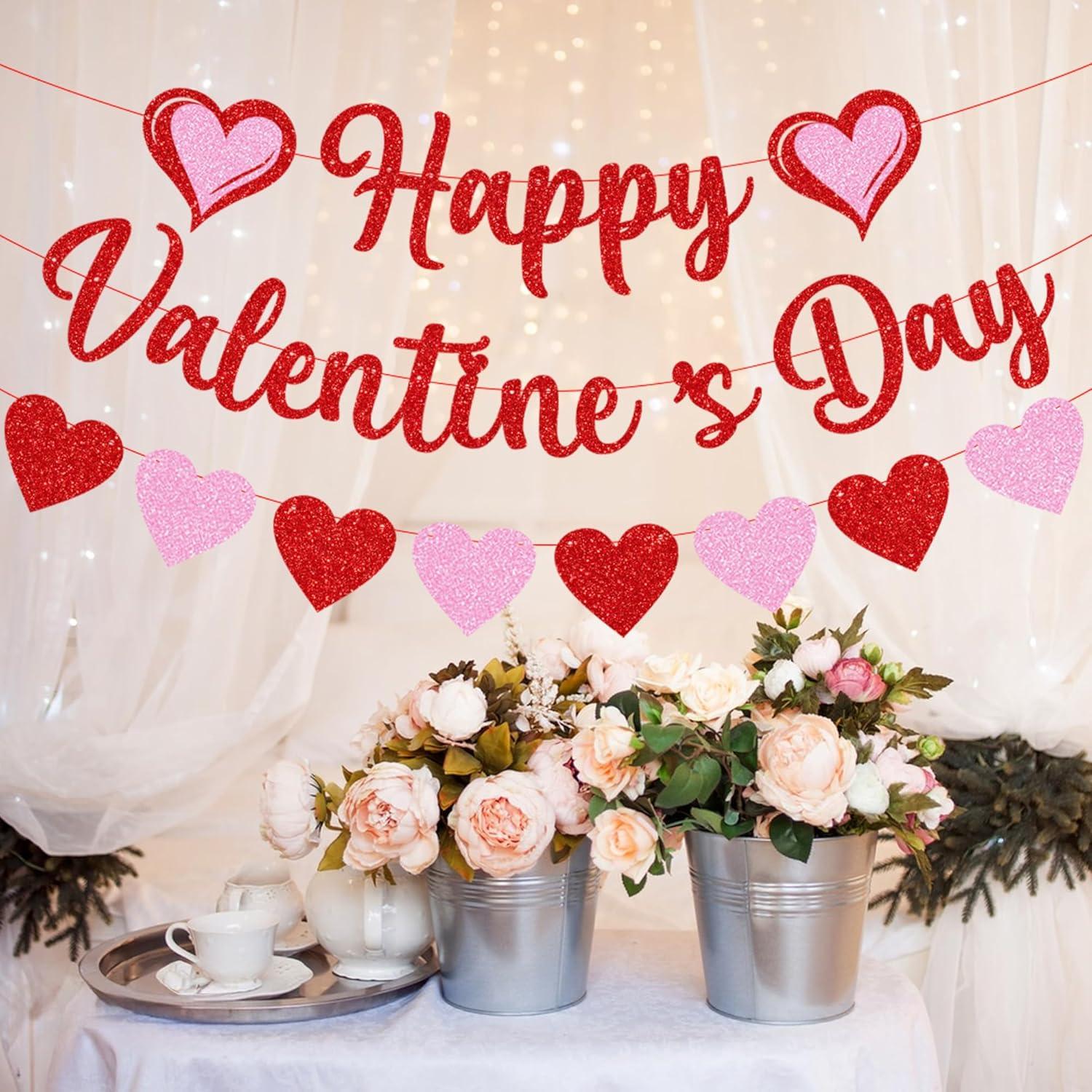 Glittery Heart Valentine's Day Banner, Red & Pink Sparkling Hollow Heart Shape DIY Paper Banner for Wedding Decoration