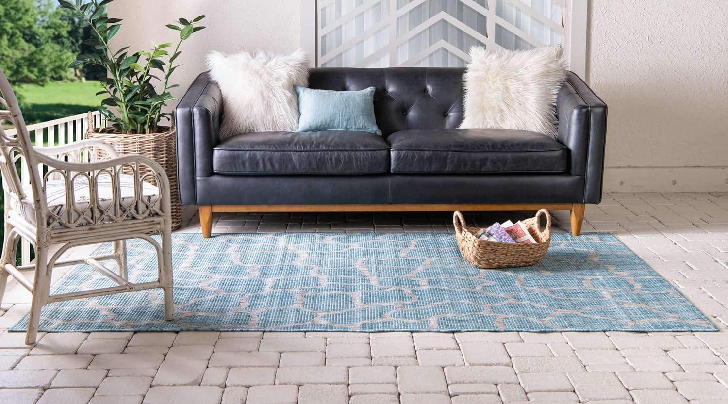 Aqua Blue Abstract Low Pile Indoor/Outdoor Area Rug