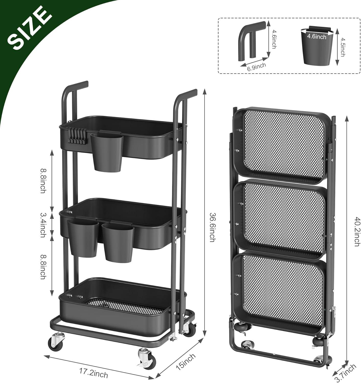 3-Tier Metal Mobile Cart, Foldable, Locking Wheels for Utility, Craft, Storage, Organization, Black