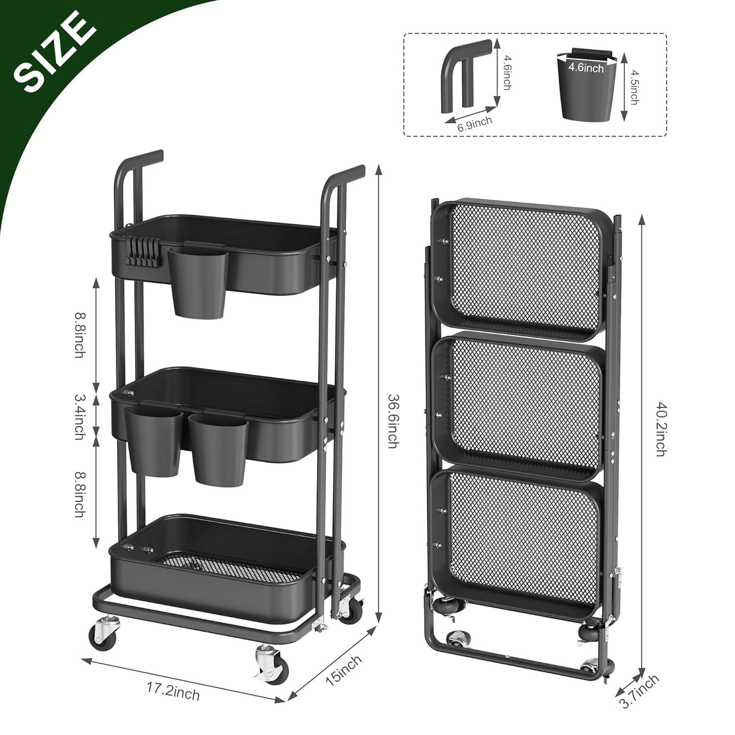 Wharick Foldable Storage Cart 3 Tier Rolling Cart with Wheels Folding Metal Cart Organizer with Handle Utility Cart with Basket for Kitchen Pantry, Classroom, Office