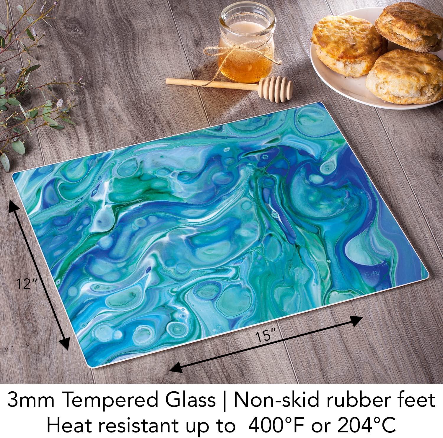 Ocean Vibe Blue Tempered Glass Rectangular Cutting Board 15" x 12"