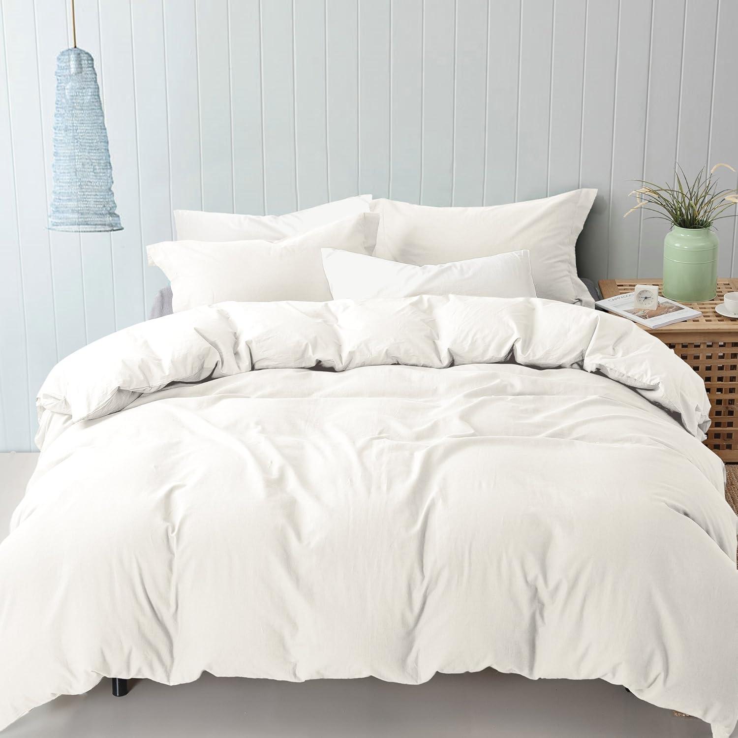 Queen White Linen Cotton Duvet Cover Set