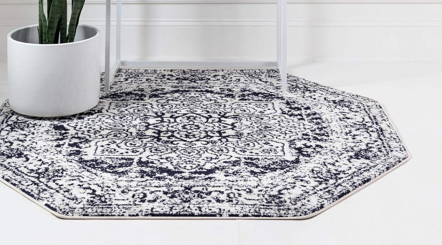 Gray Synthetic Octagon Medallion Easy Care Rug