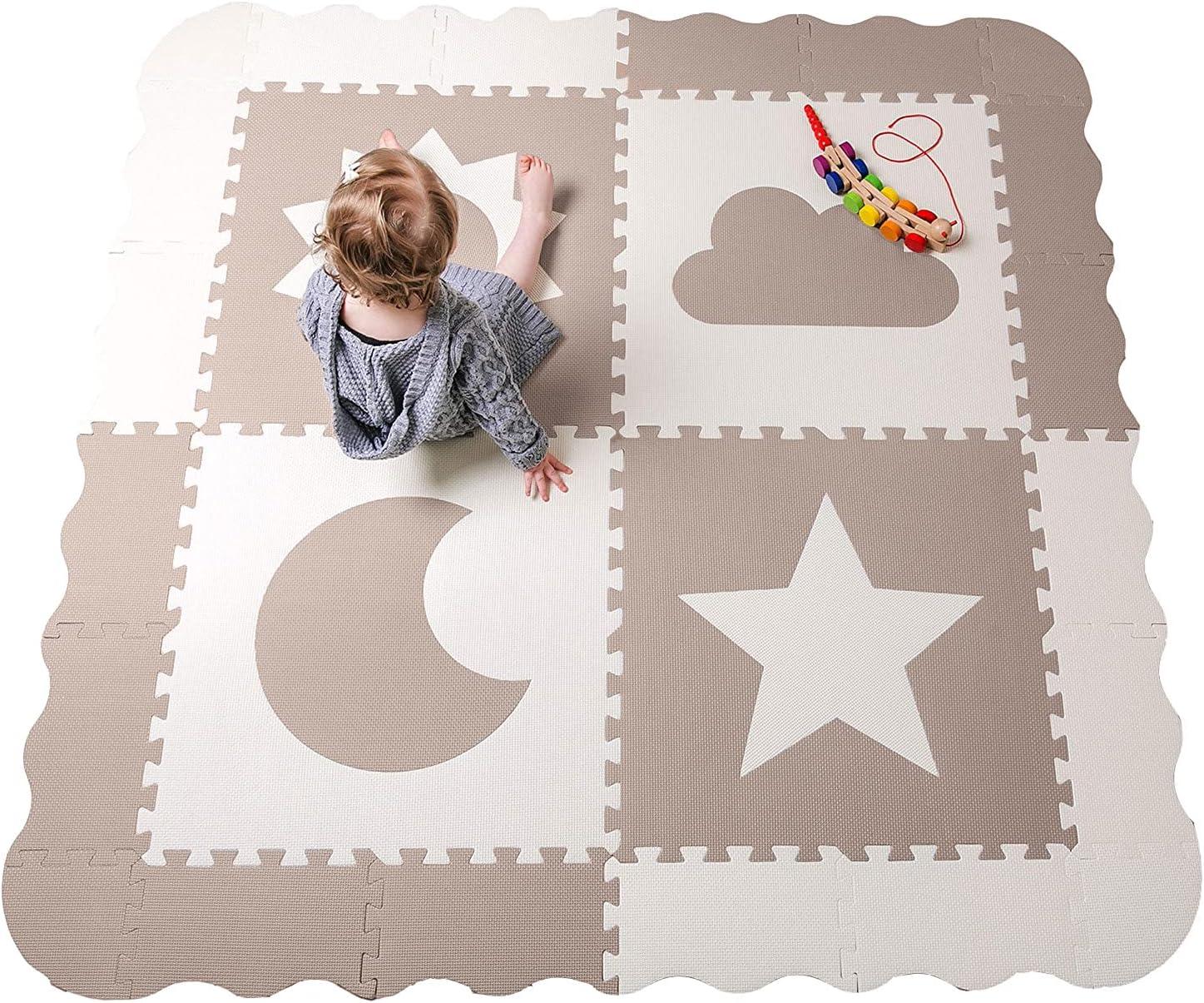 CHILDLIKE BEHAVIOR Baby Play Mat Tiles - Non Toxic Foam Floor Mat for Playroom & Nursery, 61"x61" X-Large, Biege