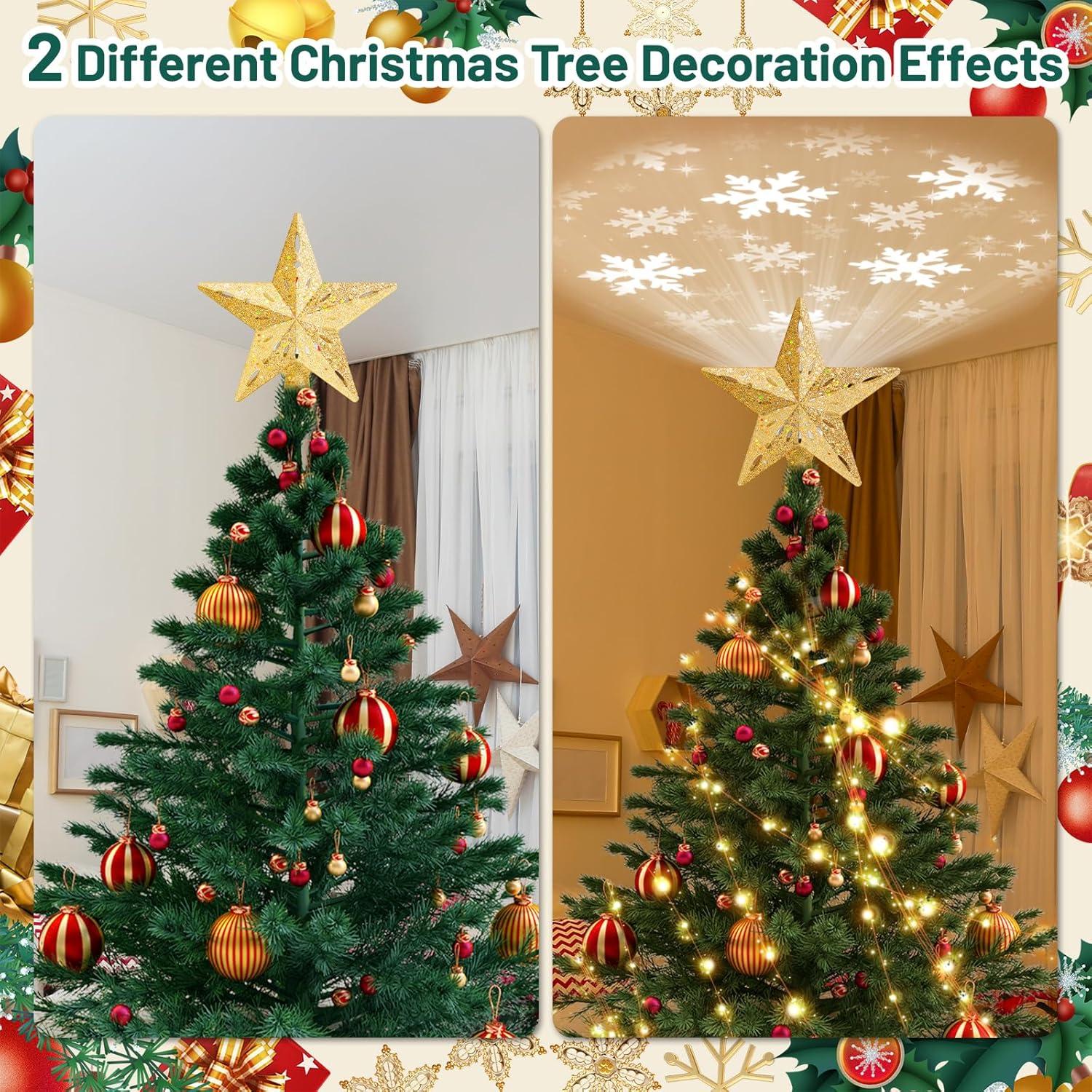 HOUFIY Christmas Tree Topper Lighted with 6 Projection Modes Star Tree Topper Built-in LED Rotating 3D Lighted Glitter Star Decorations Projector Tree Topper for Christmas Tree