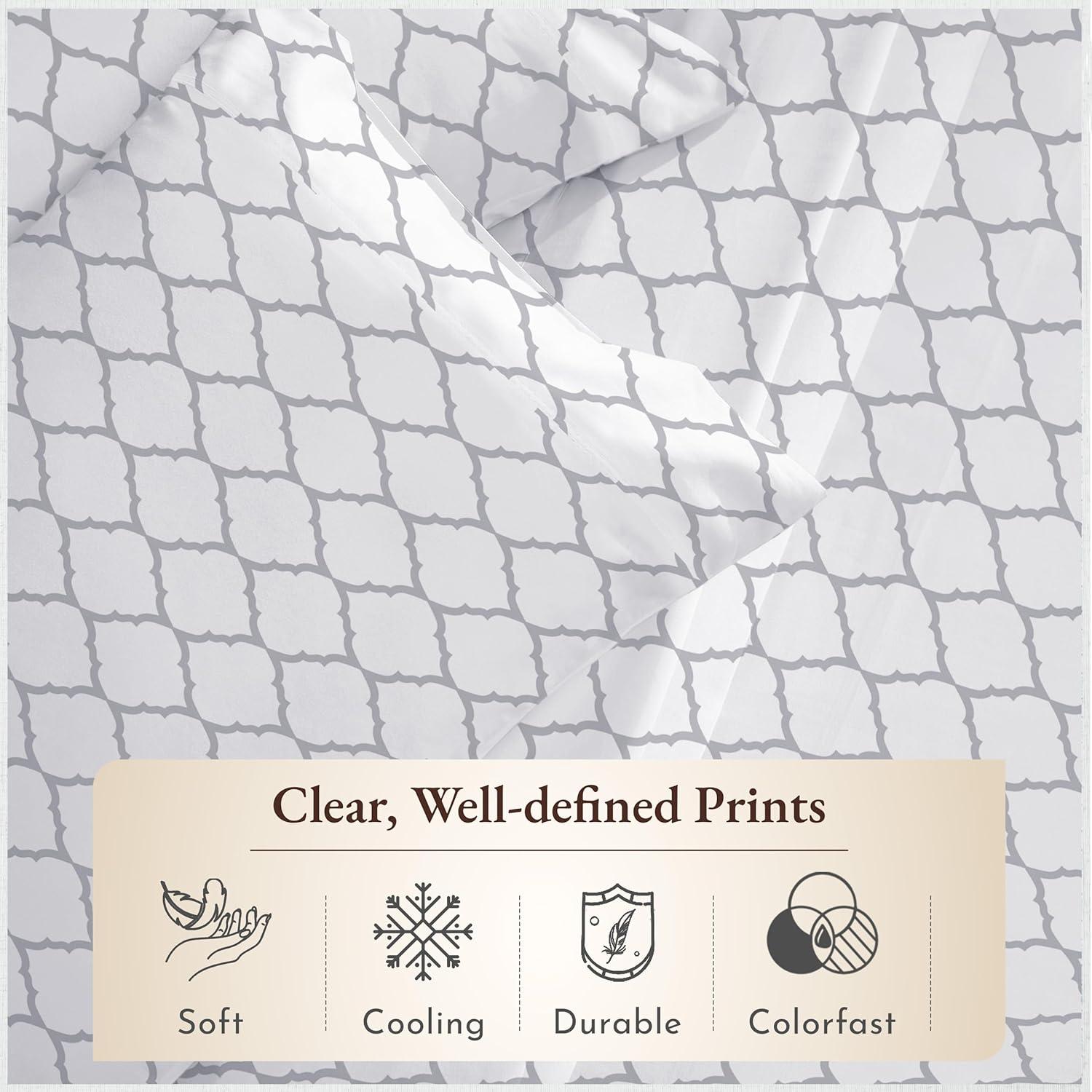 California Design Den 4-Piece Printed Full Sheets Set - 100% Organic Cotton Percale, Deep Pocket, - Quatrefoil Grey