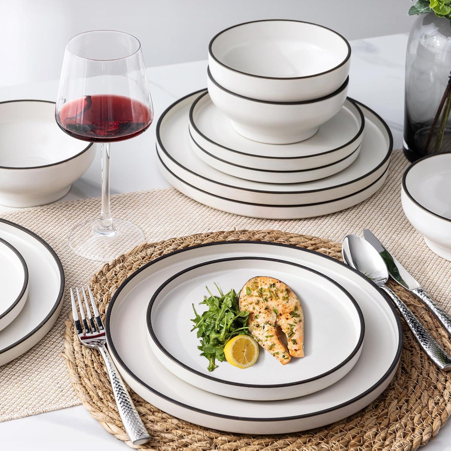 White Ceramic Dinnerware Set for 4 with High Edge Plates and Bowls