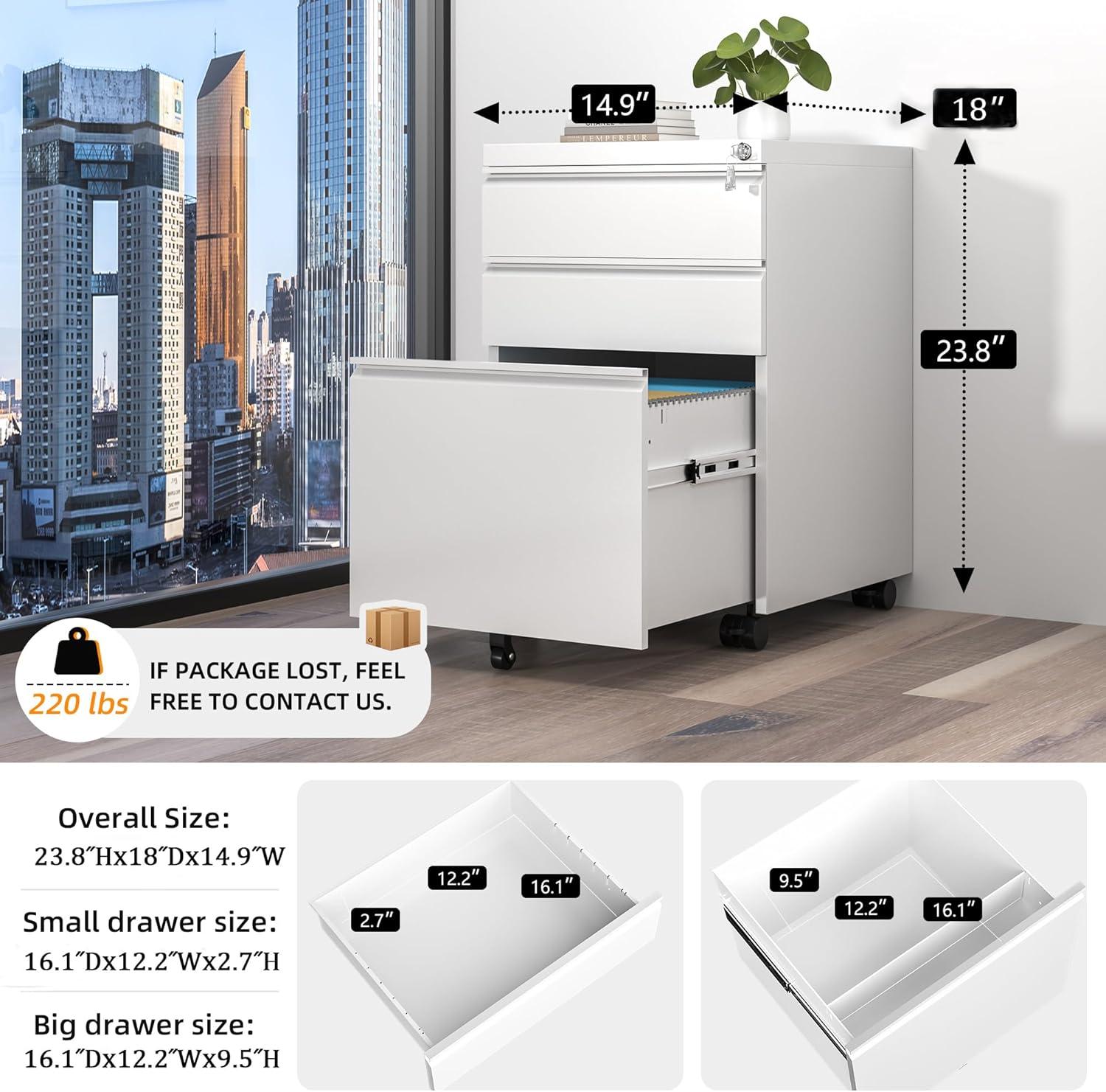 3 Drawer Mobile File Cabinet, Metal Filing Cabinets with Lock Wheels Under Desk, Lockable Rolling File Cabinet for Home Office, Fit Letter/Legal/A4 Size (White)