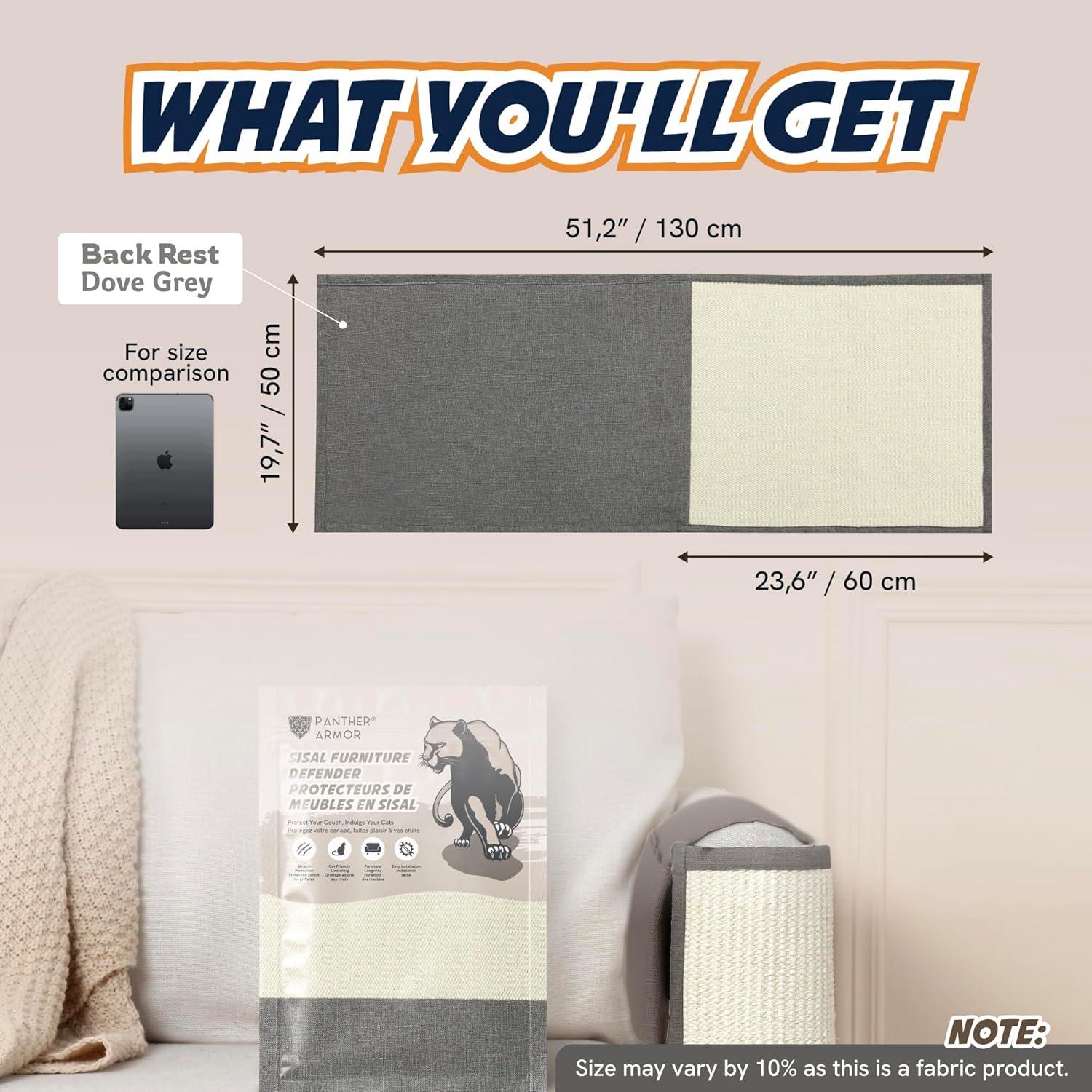 Panther Armor Sisal Cat Couch Protector Guard, Prevents Cat Scratching Furniture, Durable Furniture Protectors, Gray, Back Rest