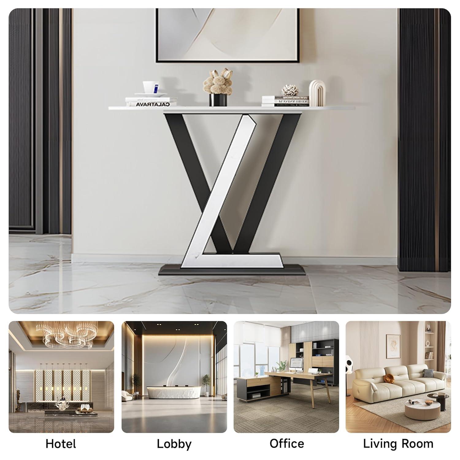 47.24'' Modern Console Table, Sintered Stone Narrow Entryway Table with Geometric Shape Metal Base for Entrance, Living Room, Hallway
