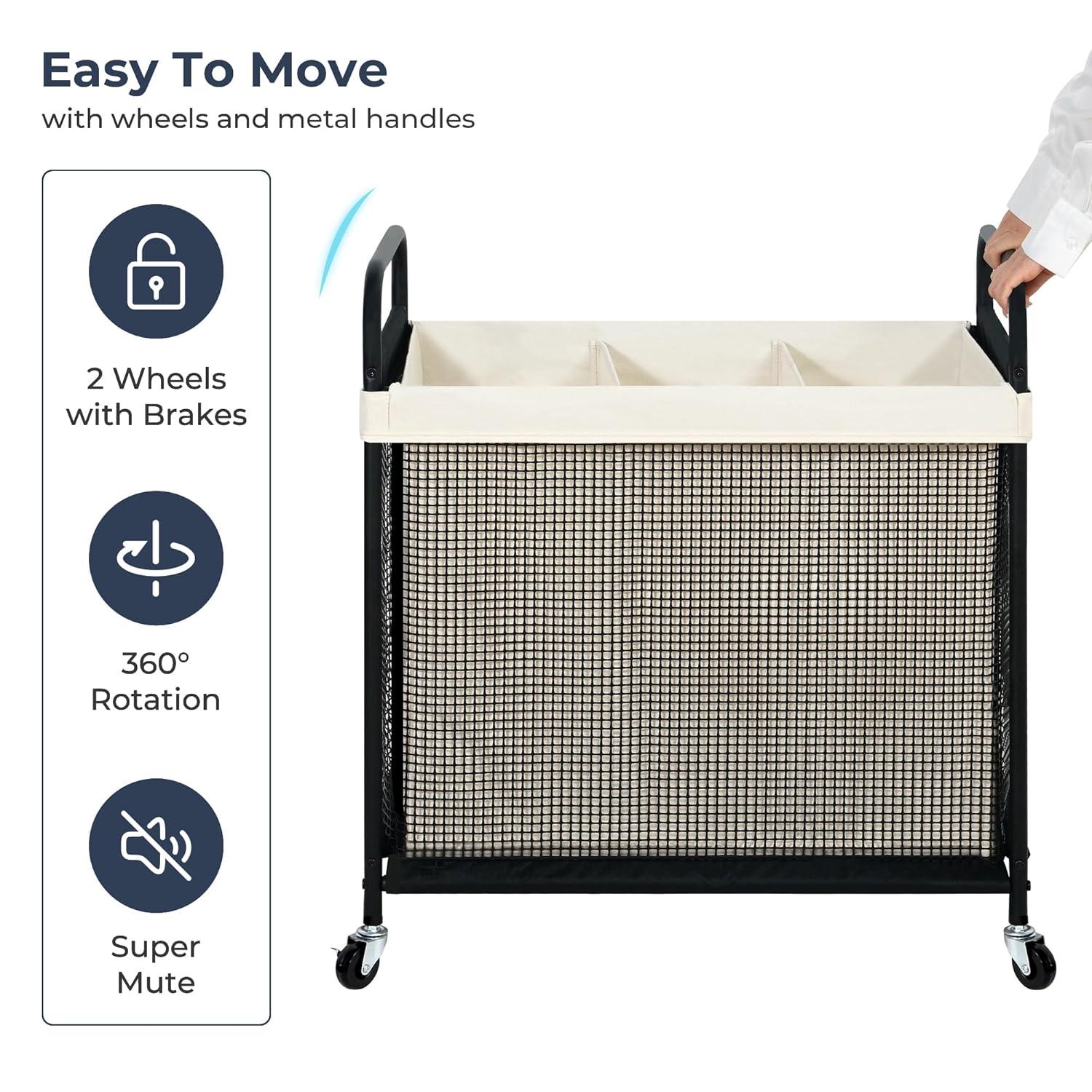 STO STO Laundry Hamper 3 Section, 120L Rolling Laundry Sorter Cart with Removable and Washable Liner Bag, Rolling Clothes Hamper with Metal Handle for Laundry Room and Bedroom