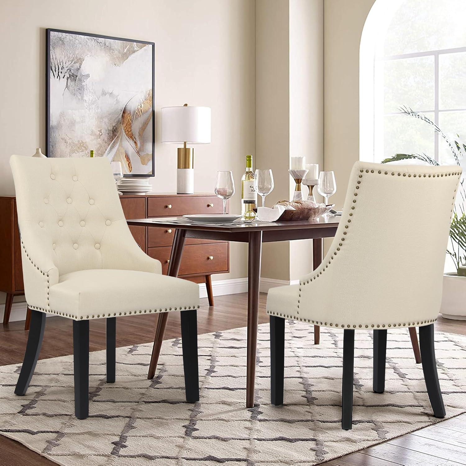 Xayoca Dining Chairs Set of 2,Upholstered Velvet Dining Room Chairs with Button-Tufted Decoration,Modern Kitchen Chairs with Nailhead Solid Wood Legs for Kitchen/Bedroom/Dining Room（Beige）