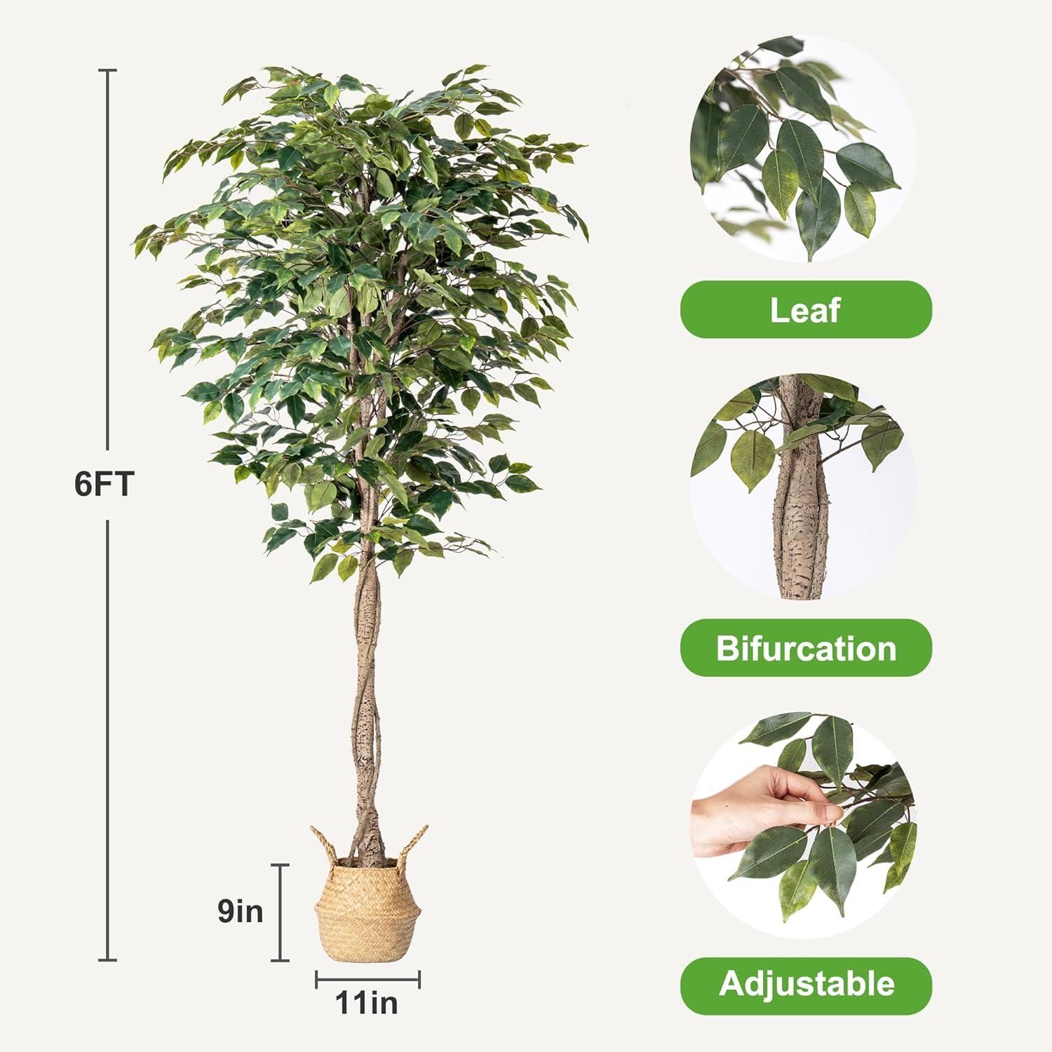 6FT Artificial Ficus Tree with Natural Wood Trunk and Lifelike Leaves, Silk Fake Potted Tree with Wood Branches, Faux Tree for Office Home Decor