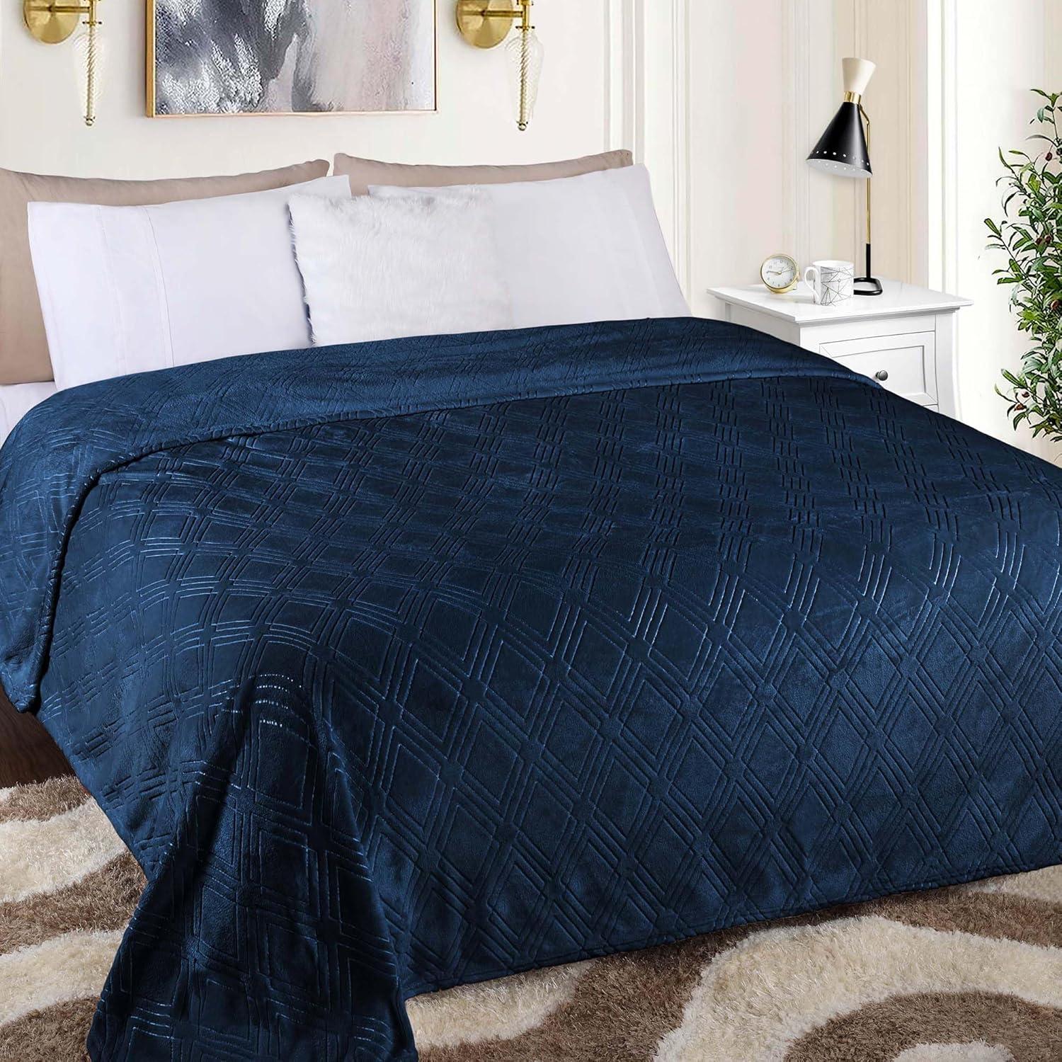 Superior Alaska Fleece Diamond Fluffy Blanket, Throw, Navy Blue