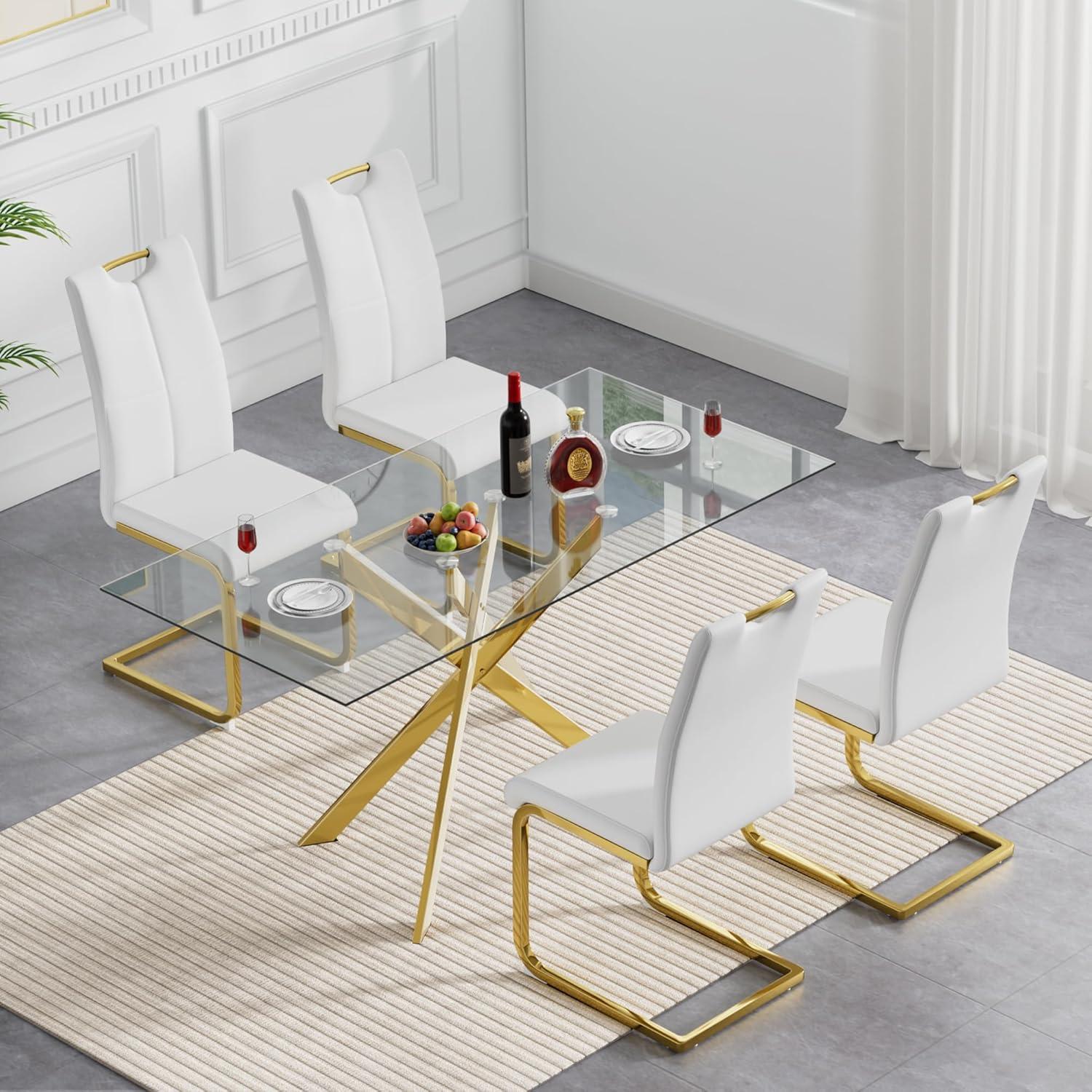 Henf 5 Piece Gold Dining Table Set for 4, Modern Glass Kitchen Table and Chairs for 4, Dining Room Table Set with 51" Glass Dinner Table & 4 White Faux Leather Chairs for Small Space,Home, Apartment
